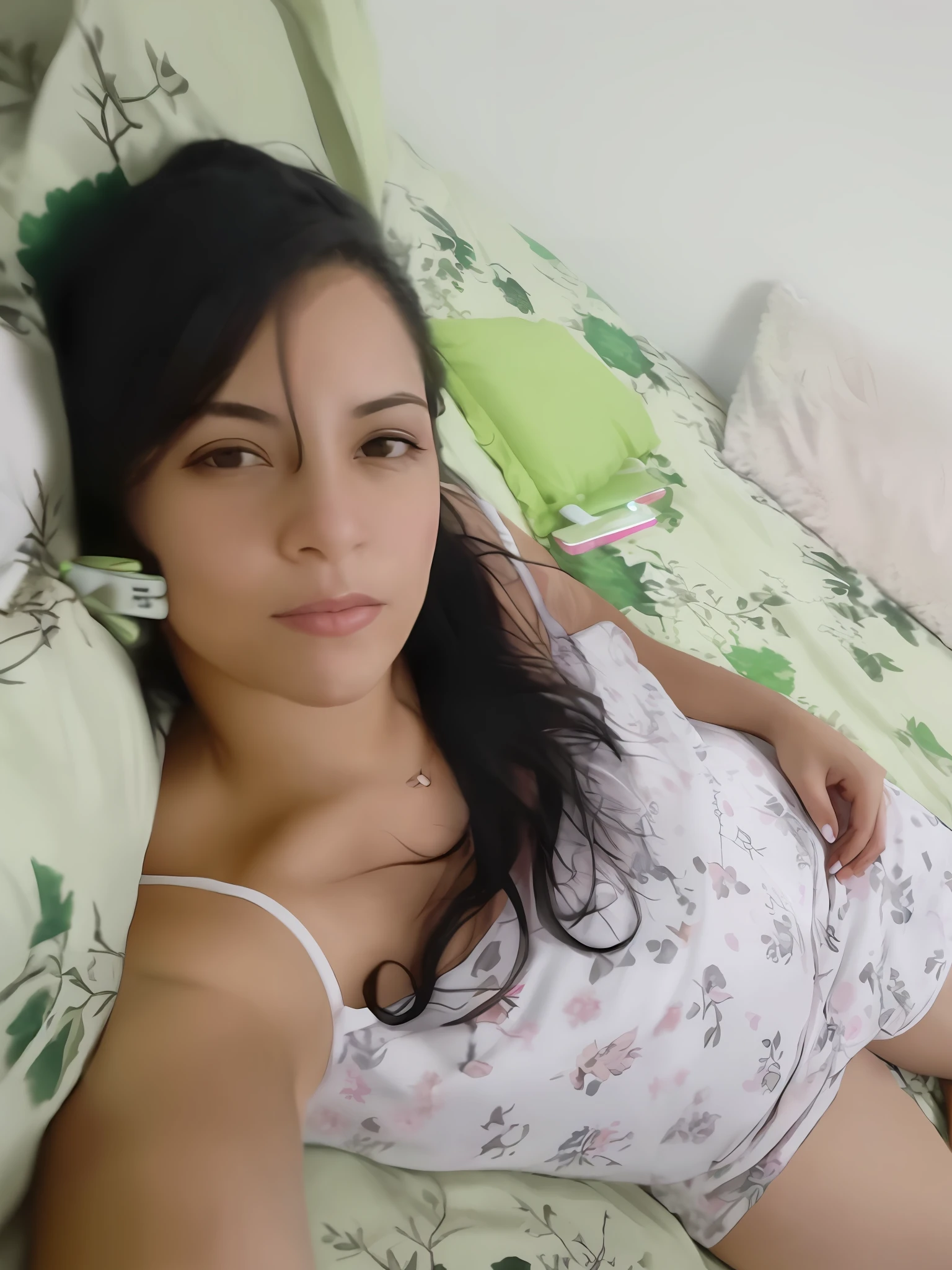 there is a woman laying in bed with a pillow and a remote control, posing in bed, on my bed, on the bed, 3 0 years old woman, 30 years old woman, lying in bed, laying in bed, (38 years old), posing in a bedroom, 3 5 year brazilian mother, laying on a bed, reclining on bed