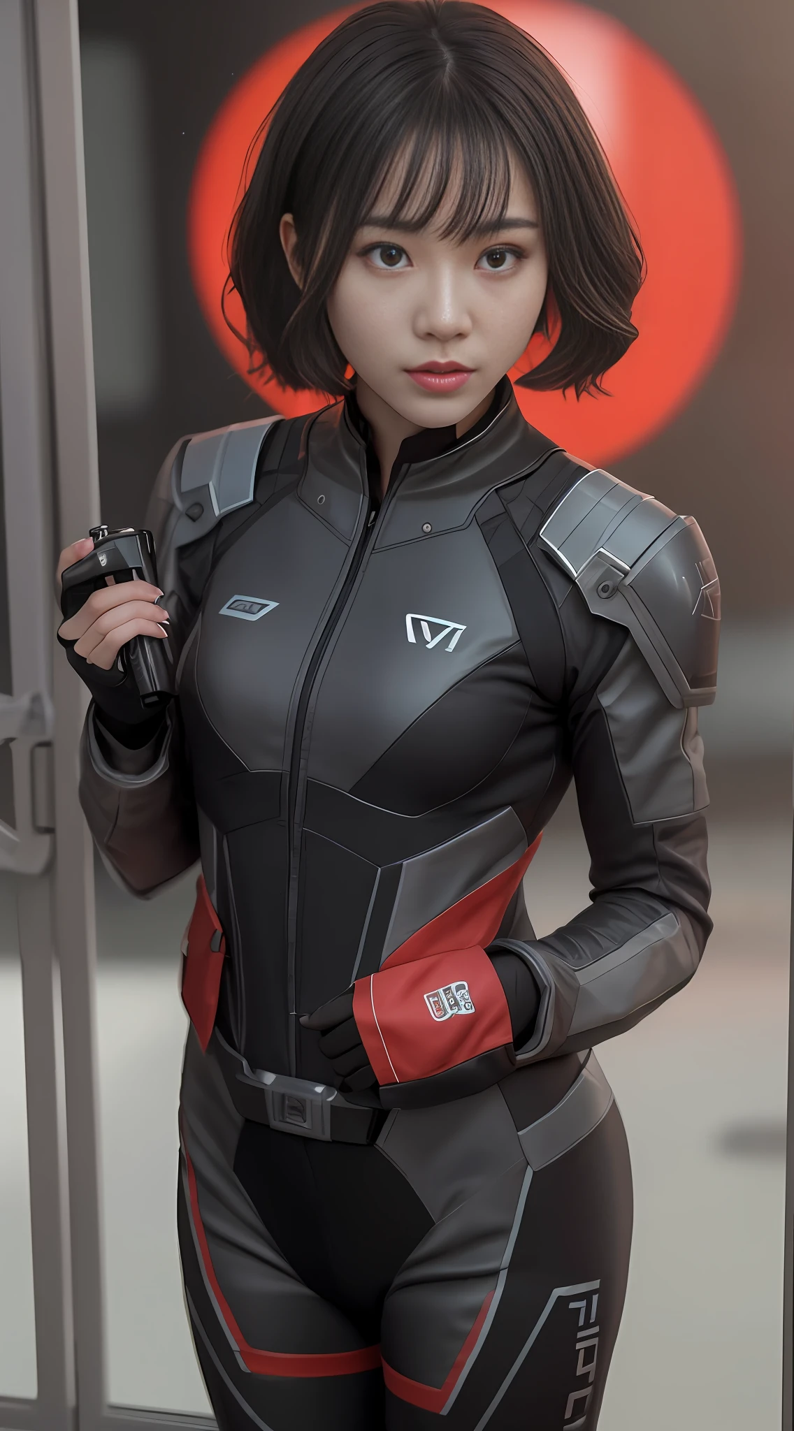 (RAW photo, best quality), (realistic, photo-realistic:1.3), best quality, highly detailed, fking_scifi, an award-winning photo of a Chinese girl, black combat suit with red dots, black hair, (Black Eyes: 1.35), Beautiful Face, Beautiful Eyes, Super Detail, Chinese 18 Year Old Girl, Short Hair, Asymmetrical Face, Standing in front of a Spaceship Window, Full Body, 50 mm, Background Blur, Mass Effect, Anthem, fking_cinema_v2