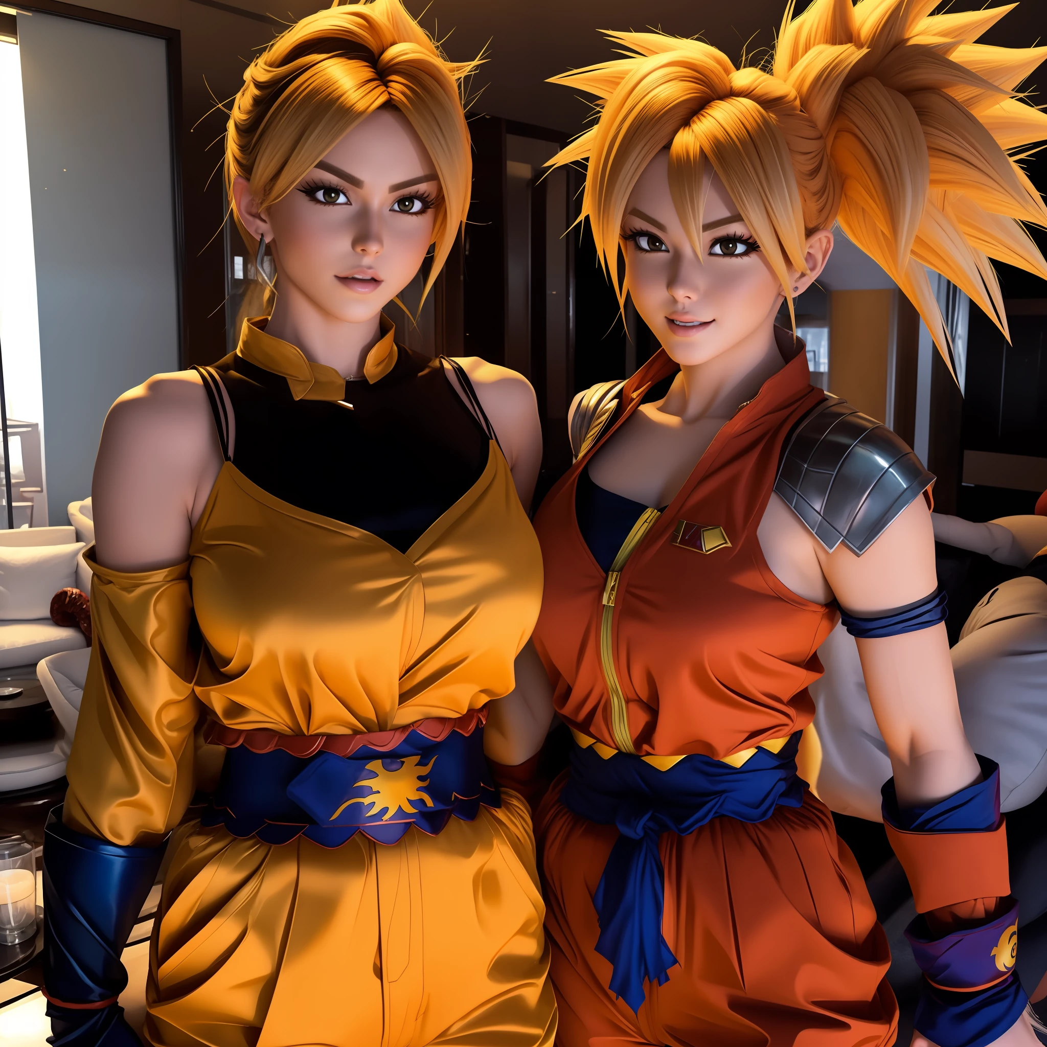 Voluptuous woman with goku outfit, but in sexy style. The woman is transformed into a level 3 Super Saiyan