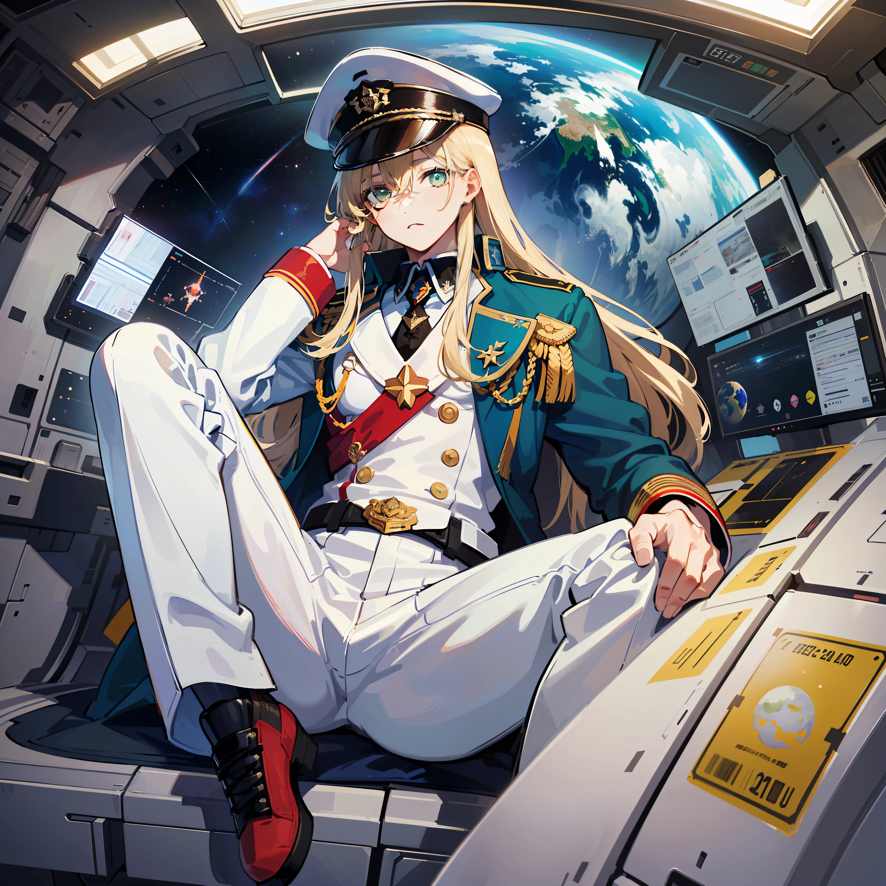 ((Masterpiece)), ((highest image quality)), ((highest image quality)), (illustration of one boy), full body, 20 years old, (beautiful boy)), (man's daughter), (neutral), (((thin blonde long hair, bangs)), pale green eyes, (brown skin)), (military uniform)), (military uniform)), ((army hat)), ((military coat)), (white clothes), (white pants), (white hat), trench coat, (( ( Inside the spaceship)), (outside the window, space, Earth seen from space, spaceport)