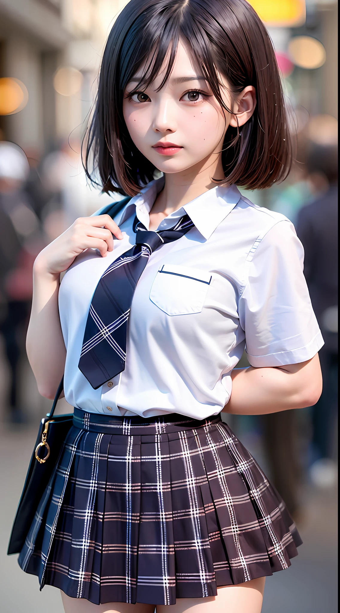 (8k, RAW photos, ultra high quality, ultra detailed CG Unity 8k wallpaper, masterpiece: 1.2), Sigma 50mm F1.4, one girl, 3D, slender, medium breasts, looking viewer, super beautiful detailed eyes, accurate shiny iris depiction, pupil is black, water-based humor shine, ultra-detailed eyelashes, iris with very slightly black edges, delicate and beautiful hair, ultra-detailed hair, accurate shading of hair, Delicate hair tips, no makeup, ultra-detailed lips, precisely drawn lip wrinkles, beautiful shiny lips, short hair (shiny skin due to sweat: 0.3), precise shading created on clothes, (school uniform, white shirt, short sleeves, dark gray pleated plaid skirt, dark gray tie: 1.2), walking in the neon street in the middle of the night. Have a bag for students.