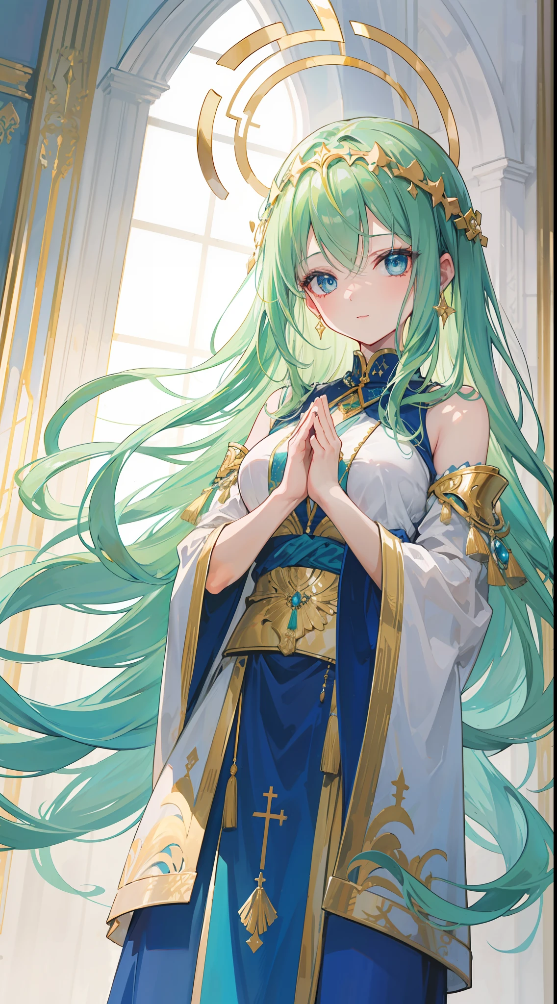 "Inside the holy palace, there is a radiant milf with flowing light-green hair and captivating blue eyes. She is adorned in divine attire, exuding an ethereal aura with a golden halo above her head. Hands closed like praying"