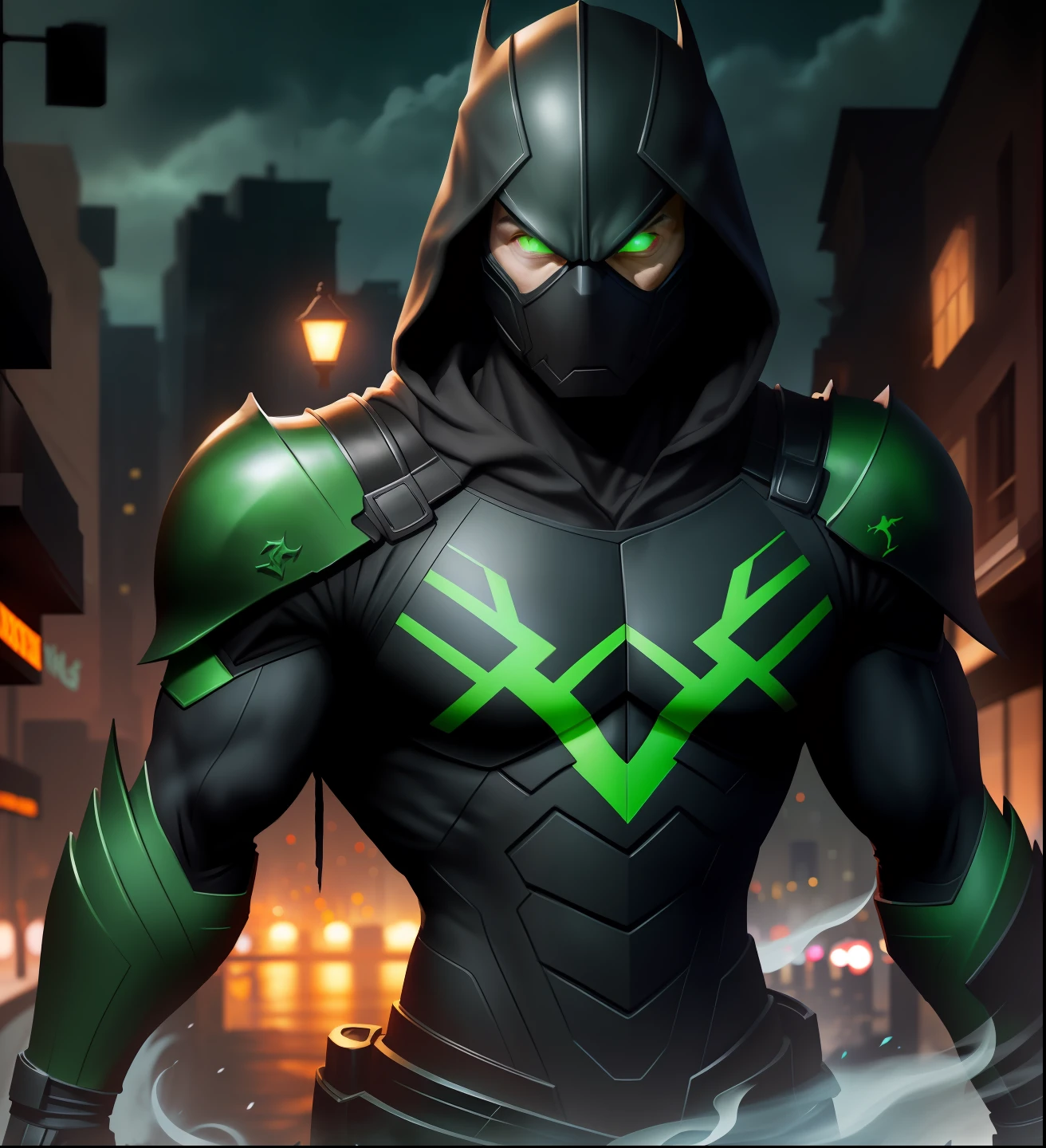 A closeup of a ninja in a metallic black suit standing in a dark and nocturnal city, black armor, dressed in stealth armor, green hood, stealth suit, dark supervillain, Marvel Tor, amazing 8K character concept art, wearing black armor and helmet, epic ninja costume, green fate guy, with bright runes on the body, matte black armor, green goblin, wearing black armor and helmet, epic ninja costume, green fate face, with bright runes on the body, dark black armor, green goblin,(8k, RAW photo, best quality, masterpiece: 1.2), ultra detailed, official art, photo-realistic: 1.37, upper body shot.