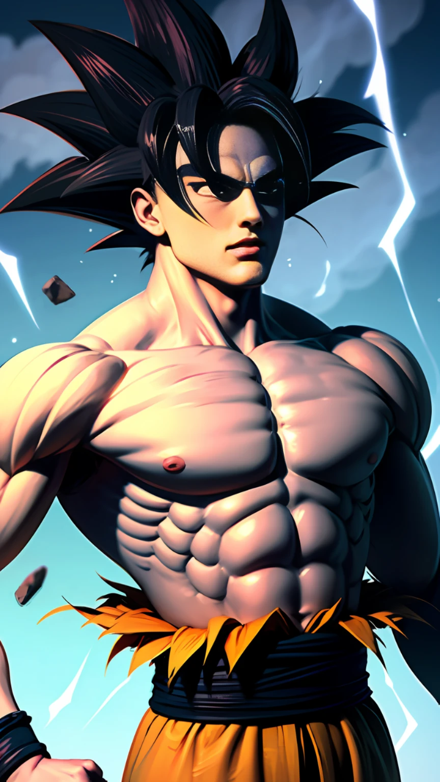 son goku, 1boy, closed mouth, male focus, muscular, muscular male, rock, sash, serious, solo, spiked hair, topless male, torn clothes, ultra instinct, black eyes, black hair, ((masterpiece)), Goku black, Zamasu style, large private, aura