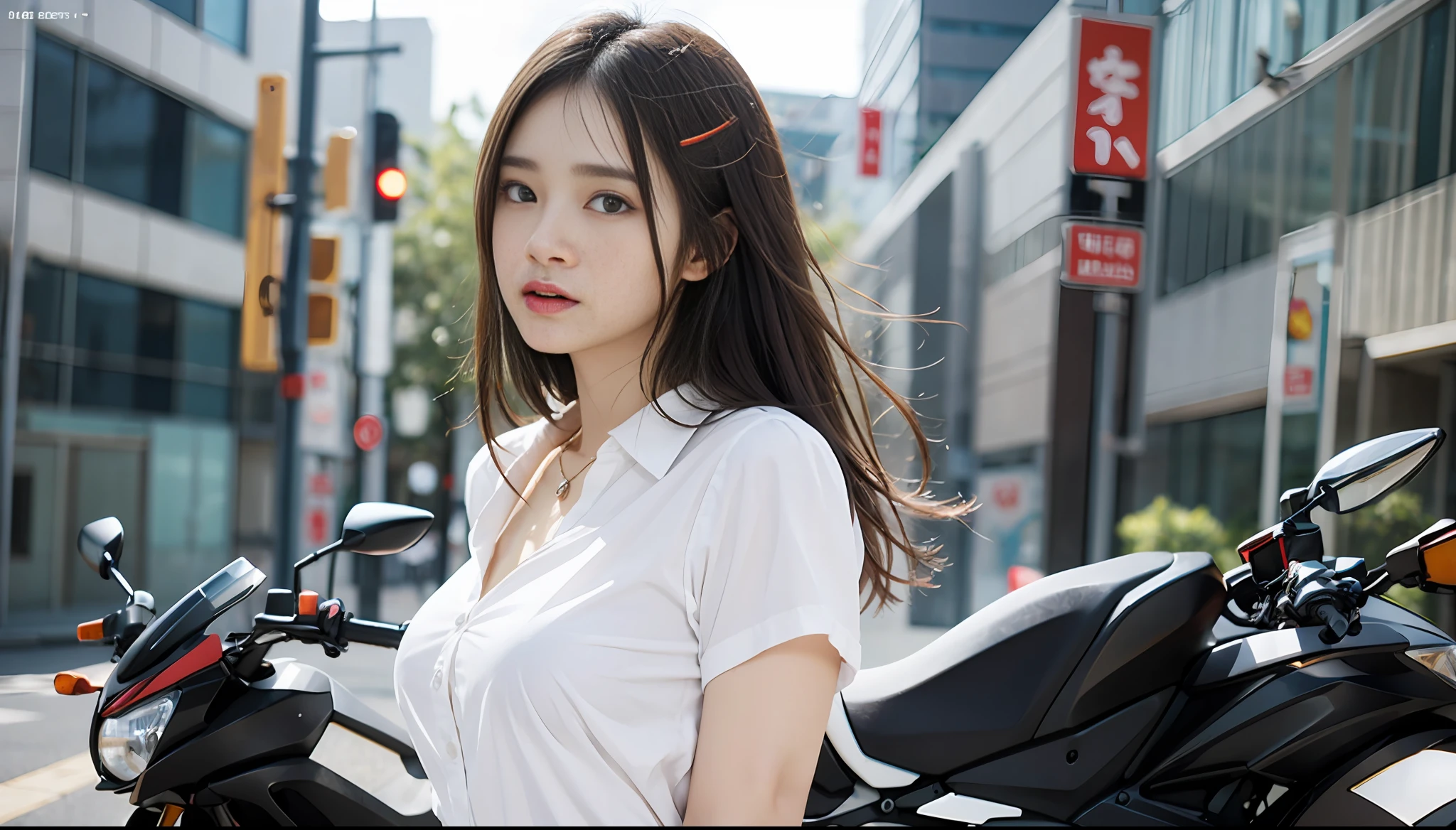 (top quality, high resolution, masterpiece: 1.3), outdoors, 1 person: 2.0, Japan schoolgirl, straddling a motorcycle, back figure, sticking out buttocks, tall and cute woman, slender waist, dark brown hair, chest, wearing pendant, white button-up shirt, belt, black skirt, (modern architecture on background), Exquisitely rendered details on face and skin texture, detailed eyes, double eyelids, slender thighs, plateau