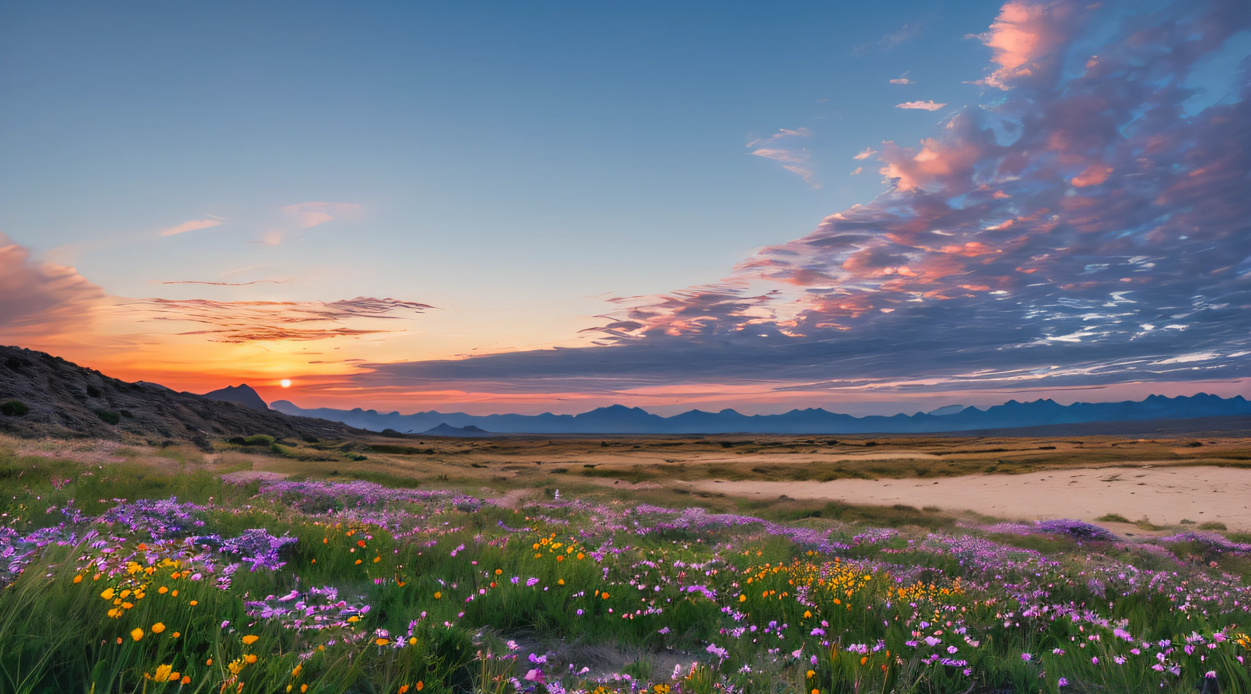 Sea, sea, sea, beach, grassland, wildflowers, desert, distant snowy mountains, sea of clouds, sky, large stretching clouds, sunset, light penetrating clouds to the ground, wide-angle lens shooting