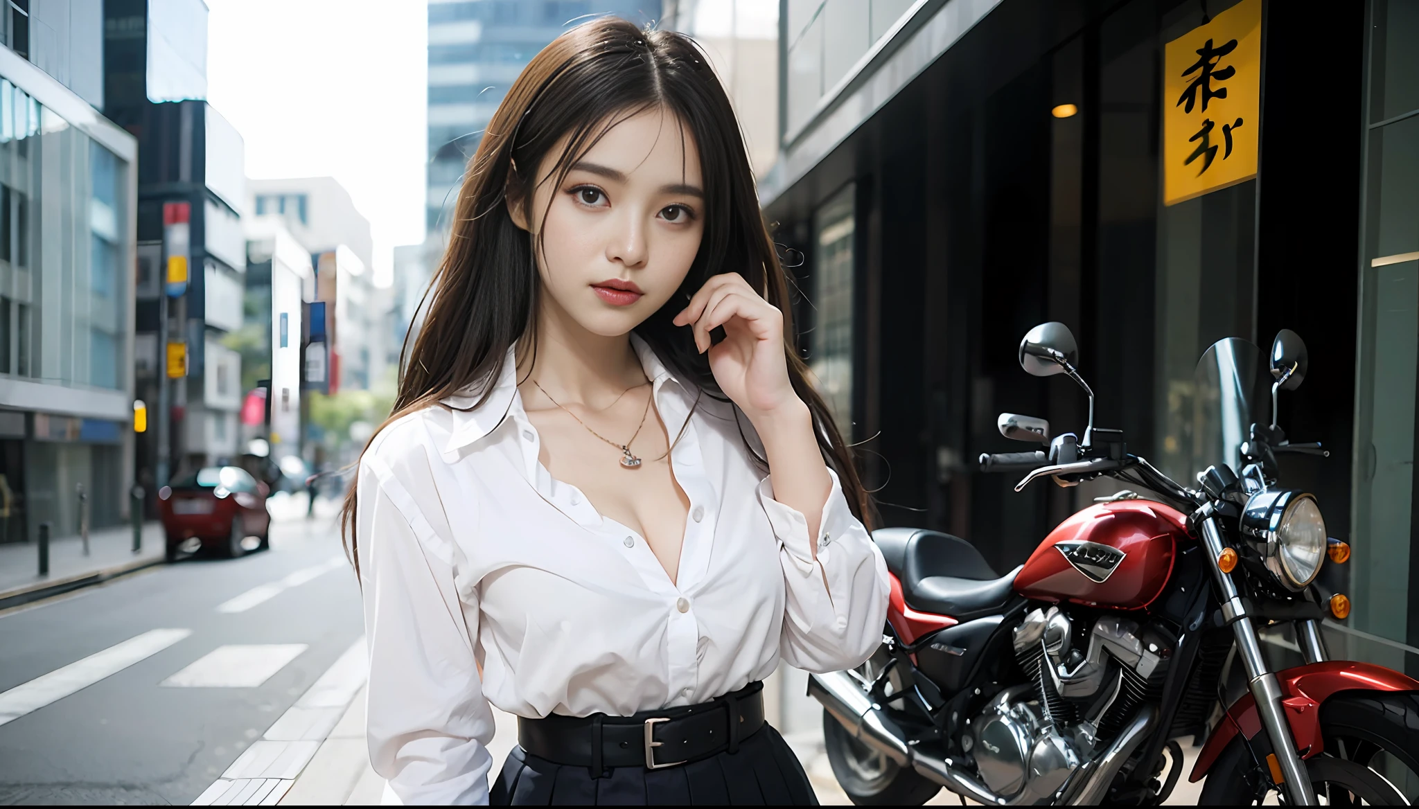 (top quality, high resolution, masterpiece: 1.3), outdoors, 1 person: 2.0, Japan schoolgirl, straddling a motorcycle, back figure, sticking out buttocks, tall and cute woman, slender waist, dark brown hair, chest, wearing pendant, white button-up shirt, belt, black skirt, (modern architecture on background), Exquisitely rendered details on face and skin texture, detailed eyes, double eyelids, slender thighs, plateau