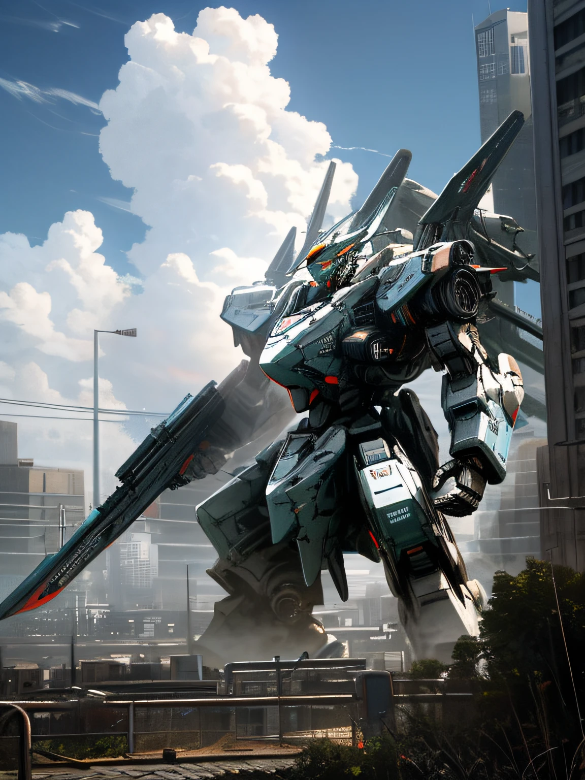 sky, cloud, holding_weapon, no_humans, glowing, , robot, building, glowing_eyes, mecha, science_fiction, city, realistic,mecha