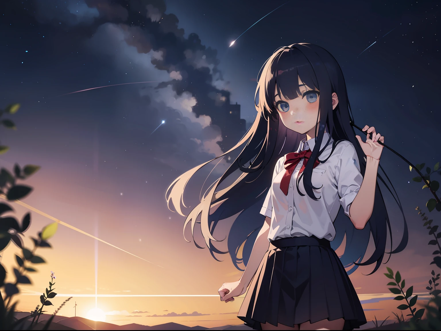 A with long dark blue hair standing under the stars in a skirt, forgotten night