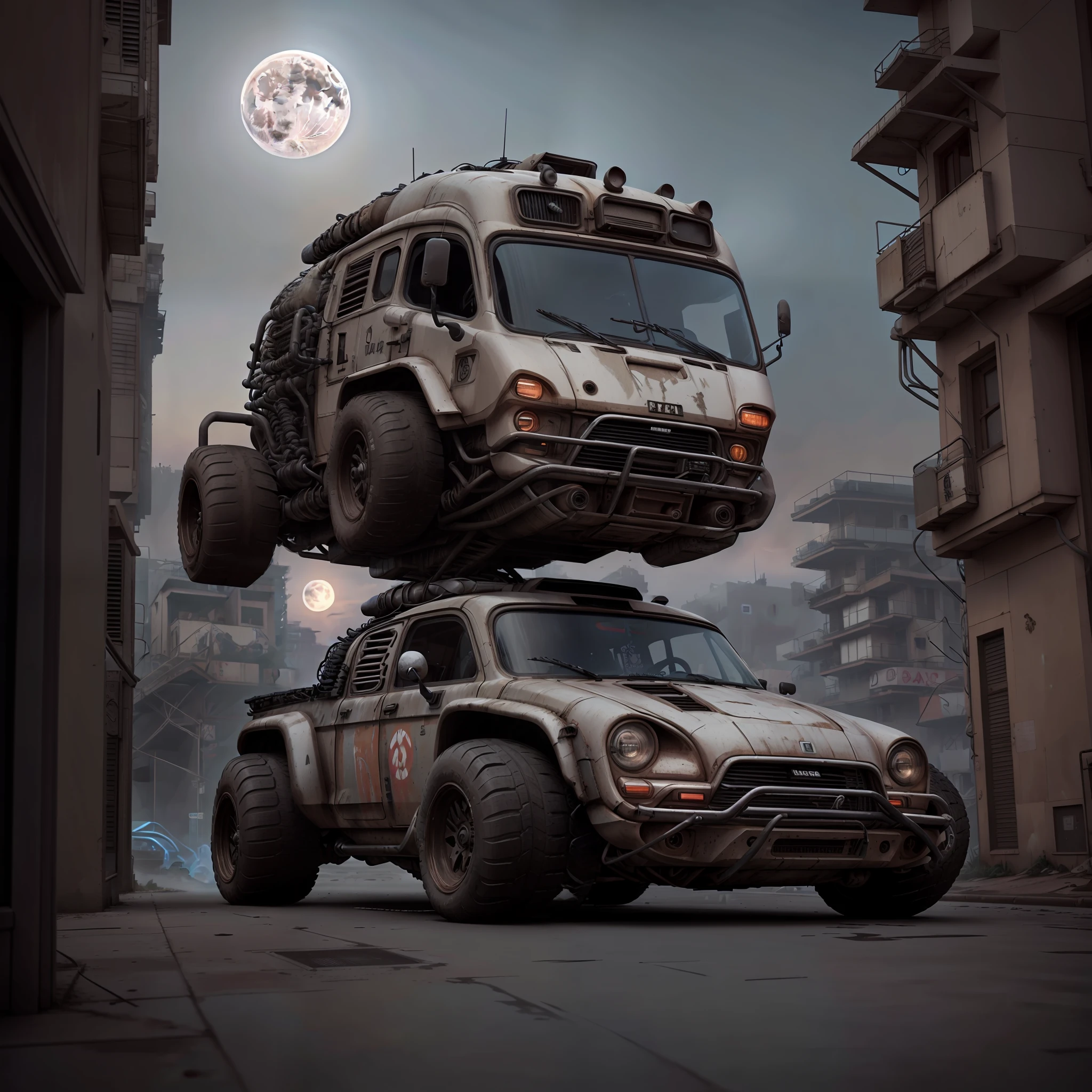 gopro shot of a (cyberpunk armored van) zeekars, 3/4 front view, wide angle action shot, post-apocalyptic, outdoors, night, road, destruction, urban decay, moonlight, full moon in background, masterpiece, photorealistic, 8k, high detail, dark theme,