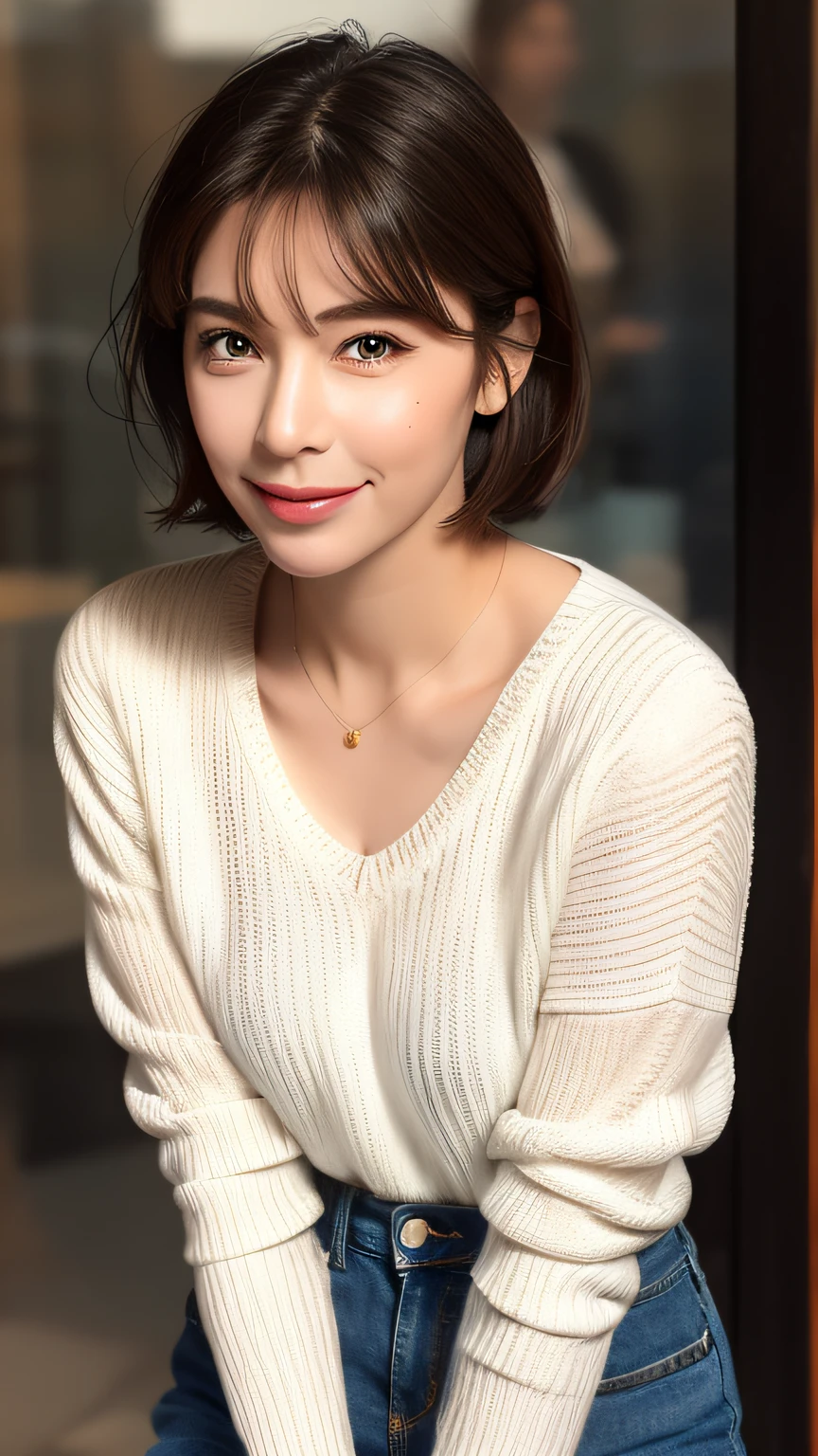 Smile, white sweater, jeans, café