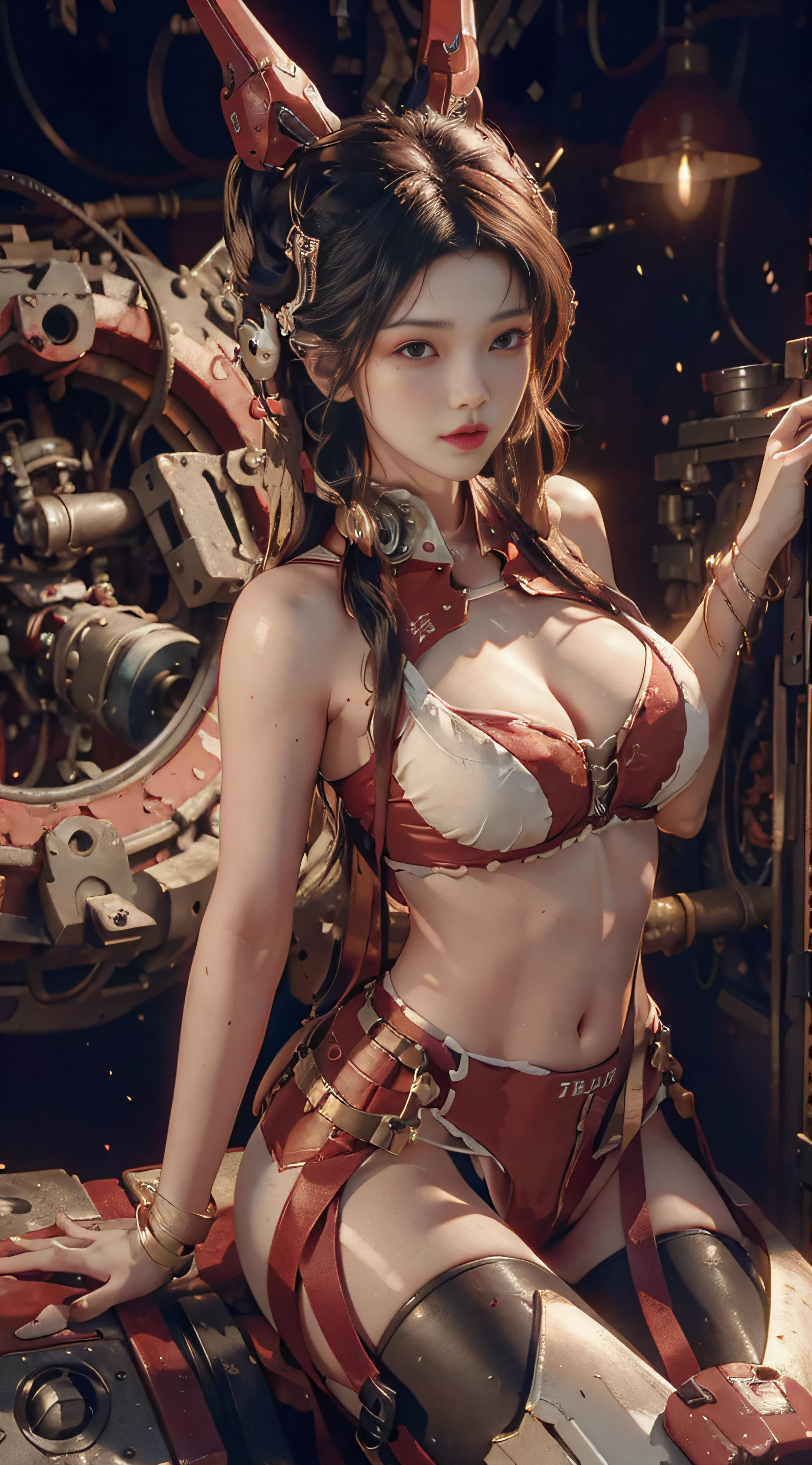 Highest quality, outstanding detail, super high resolution, (fidelity: 1.4), best illustration, favor details, close-up, a mecha girl with a delicate and beautiful face, ((red and white semi-mechanical body: 1.8)), (big : 1.2), sexy, ly button, cage, rid motorcycle, cyberpunk, futuristic, mechanical aesthetics, complex machinery, background is a high-tech lighting scene of the futuristic city, virtual engine 5, perfect detail rendering, octane rendering, ultra HD