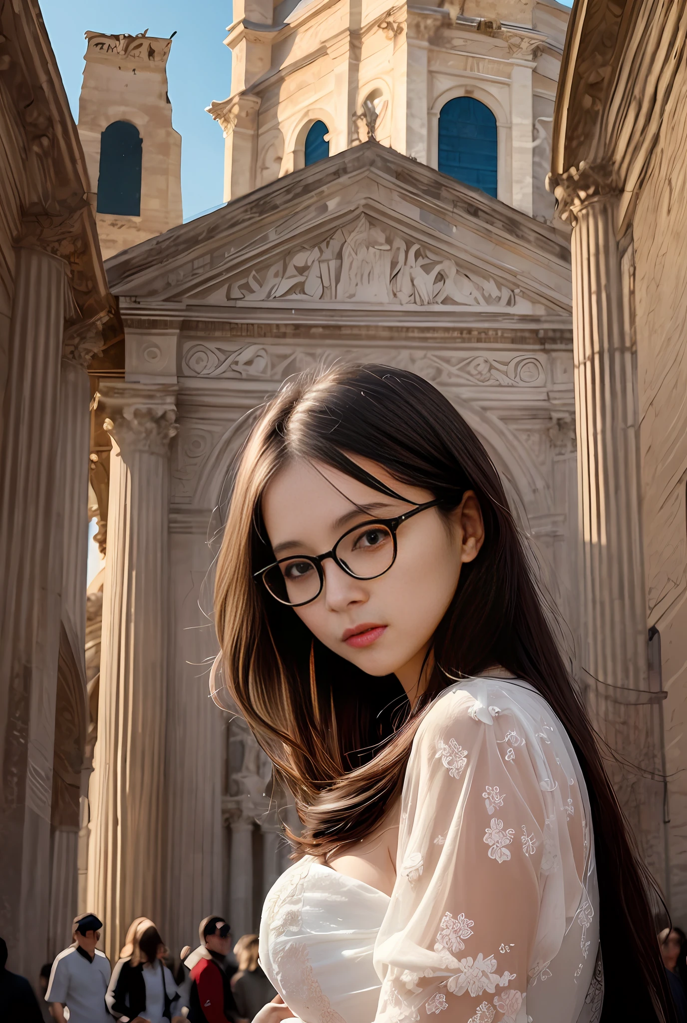 Master works，lifelike，Young woman, Alone，Beautiful face，delicate,solo,Wear large round glasses,(Piazza dei Miracoli background,crowd),Adorable,nature light,Let the light and shadow gradually create a sense of romance，Sexy，Hip