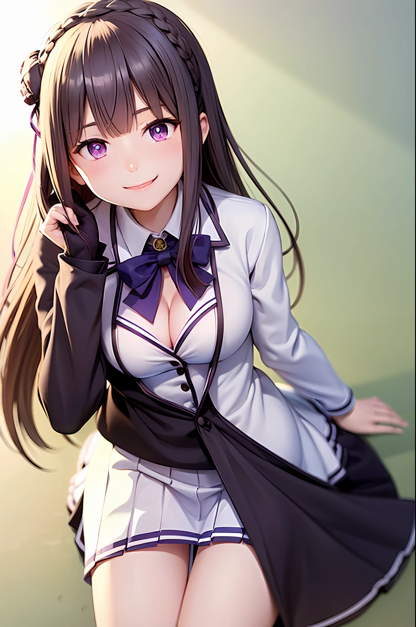 (school uniform:1.2),aimiliya,cleavage, medium breasts,light smile,best quality