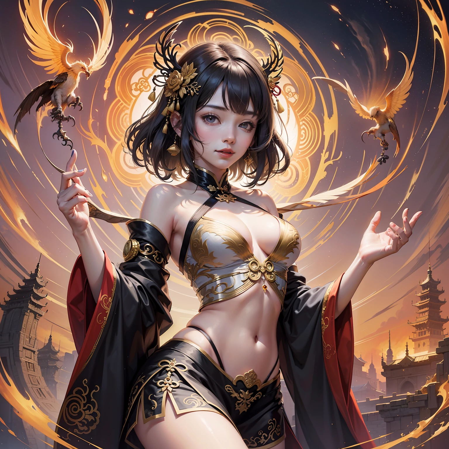 Official Art, Unified 8K Wallpapers, Ultra Detailed, Beautiful and Aesthetic, Masterpiece, Best Quality, (Zentangle, Tangle, Entangle), (fractal art: 1.4), 1girl, black hair, Chinese, bare shoulders, short skirt, calf, navel, very detailed, dynamic angle, cowboyshot, (most beautiful form chaos), flowing, (bright colors), oc, (half: 1.2), china, (thangka flying sky: 1.5), (ribbon: 1.3), (dream: 1.5), (hanfu: 1.5), Chinese dragon, Chinese phoenix, (smile: 0.5), (Chinese deity), --auto