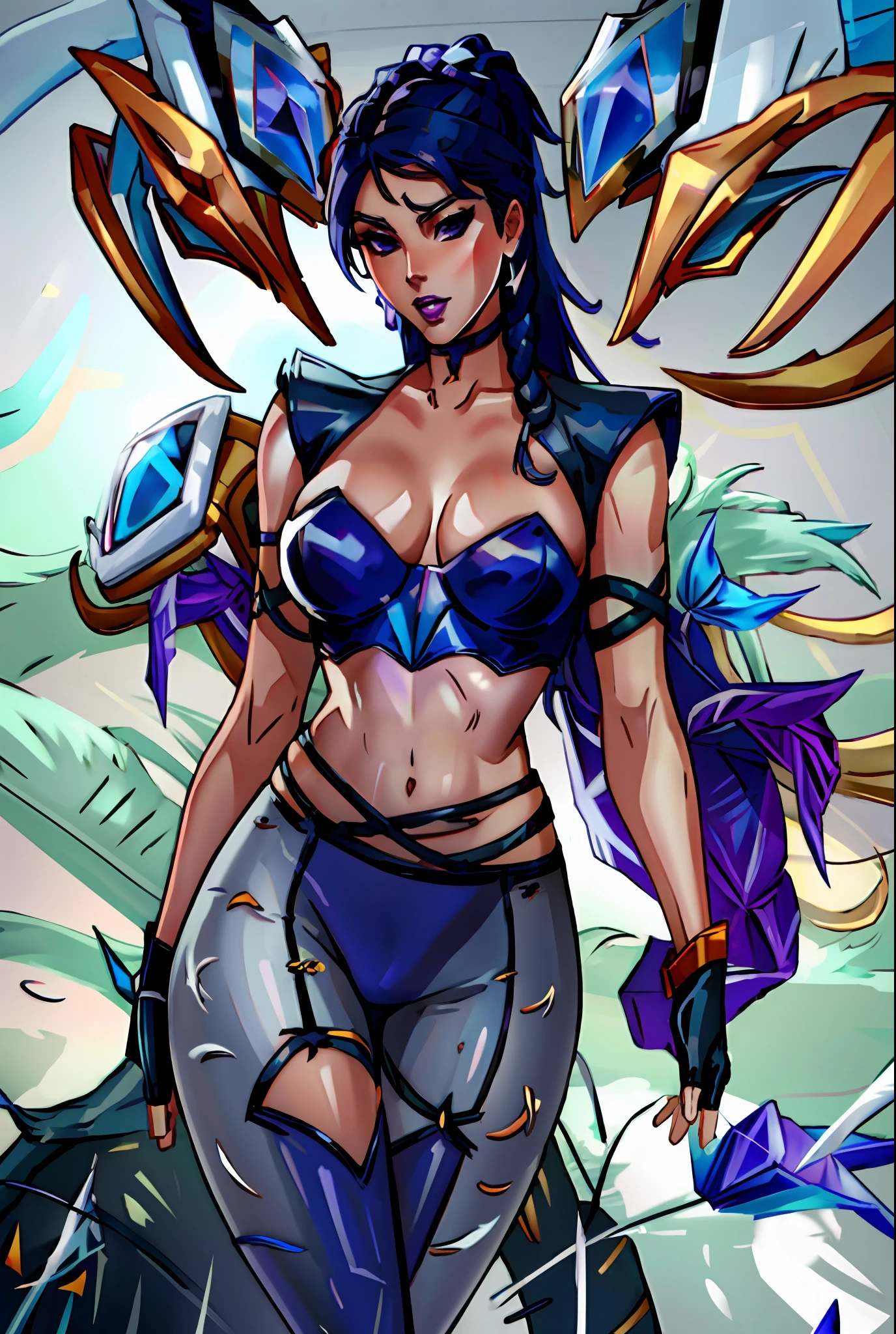 ((best quality)), ((masterpiece)), ((realistic)), (detailed), highly detailed skin, 1girl, K/DA all out Kai'Sa,All out alternate outfit,kpop,popstar navel, midrift, stunning gradient colors, no watermark signature, detailed background, insanely detailed, , ((masterpiece)), HDR, spreading legs,slutty expression,bitch,pornstar, league of legends,topless,big breasts,moaning,lewd,legs spread wide, spreading legs wide,purple colour outfit