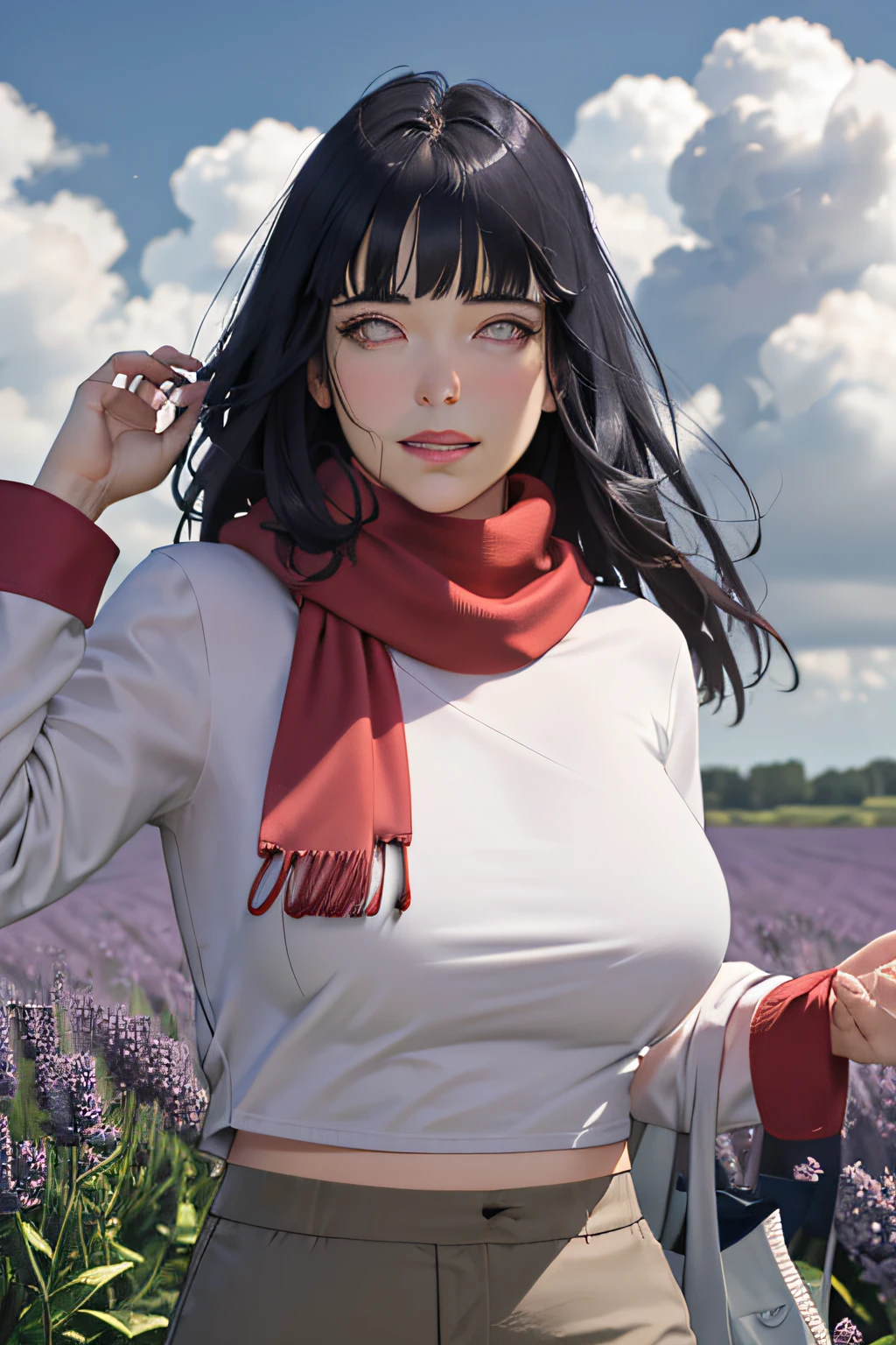 masterpiece, absurdres, hinata\(boruto\), 1girl, solo,mature female, purple hoodie,layered sleeves, brown pants, outdoors,lavender flower field, looking at viewer, (falling petals), cloudy sky, perfect composition, detailed lips, big breast, beautiful face, body propotion, blush, (pink lips), long hair, purple eyes, soft gaze, sad smile, (((long red scarf))), super realistic, detailed, photoshoot, realistic face and body