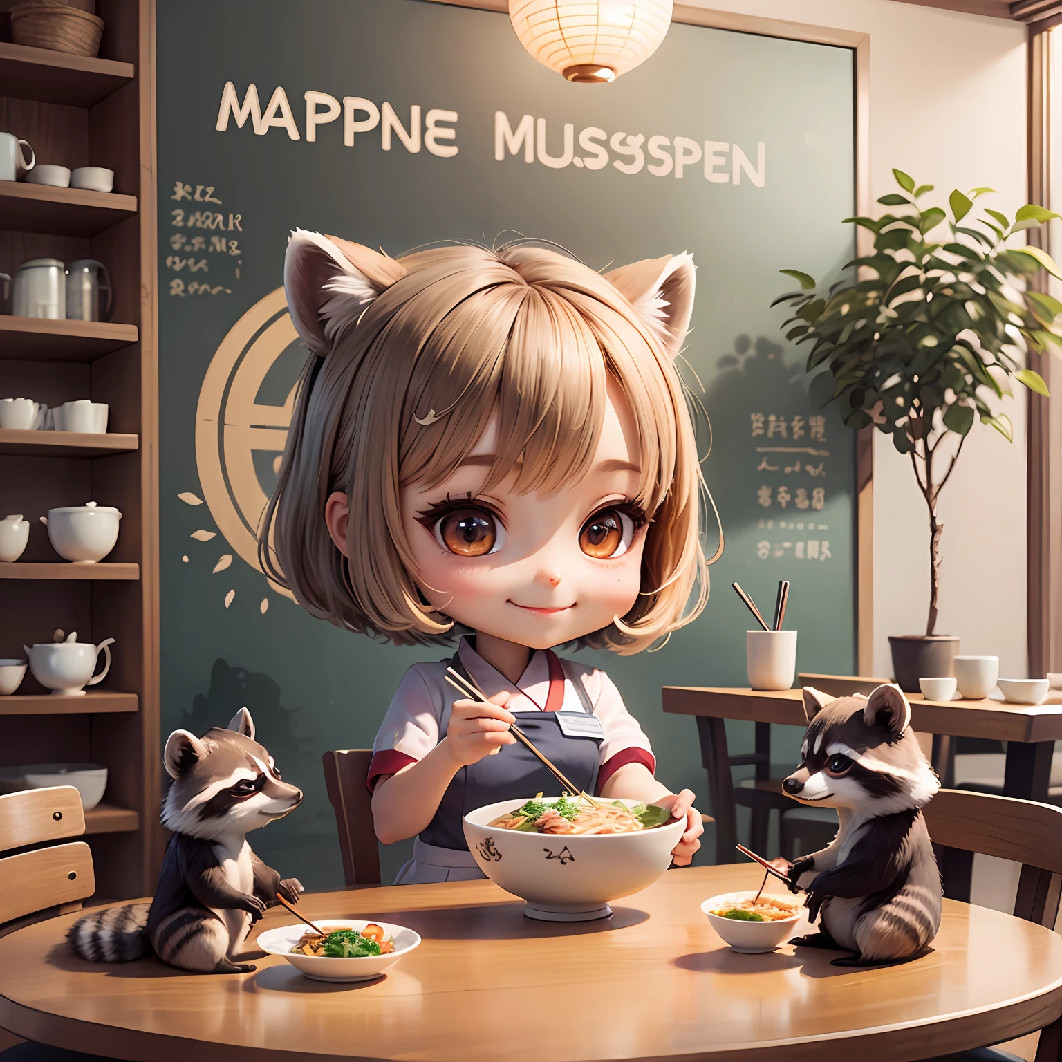 masterpiece, top quality, super detailed, one raccoon girl, chibi character, nurse uniform, short hair, smile, ramen, holding chopsticks, eating, restaurant, sitting at a table