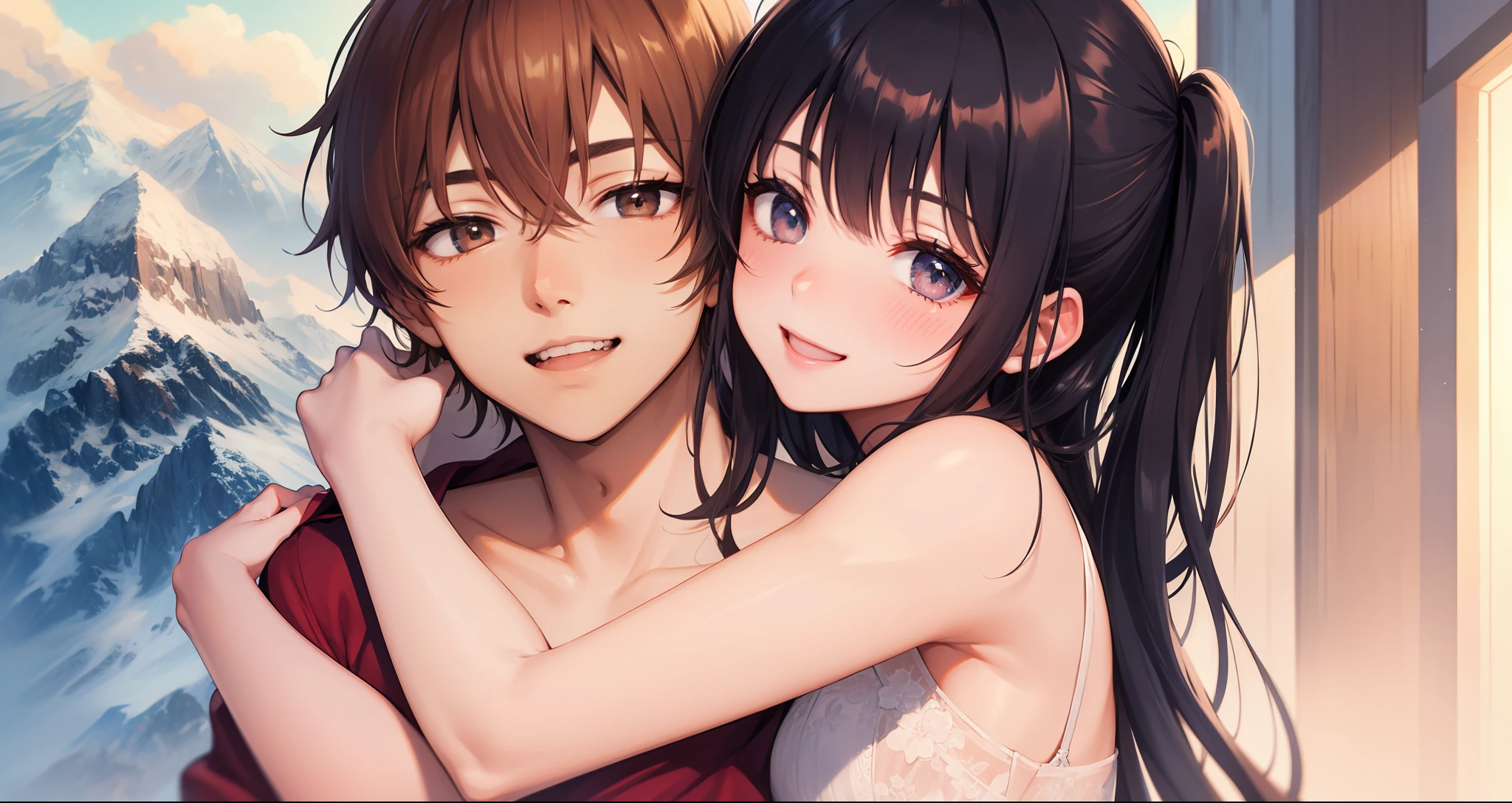 Masterpiece, the best quality, delicate eyes, bright colors, delicate skin, 1 girl, 1 boy, couple, hugging tightly, smiling, mouth slightly open, mountain village