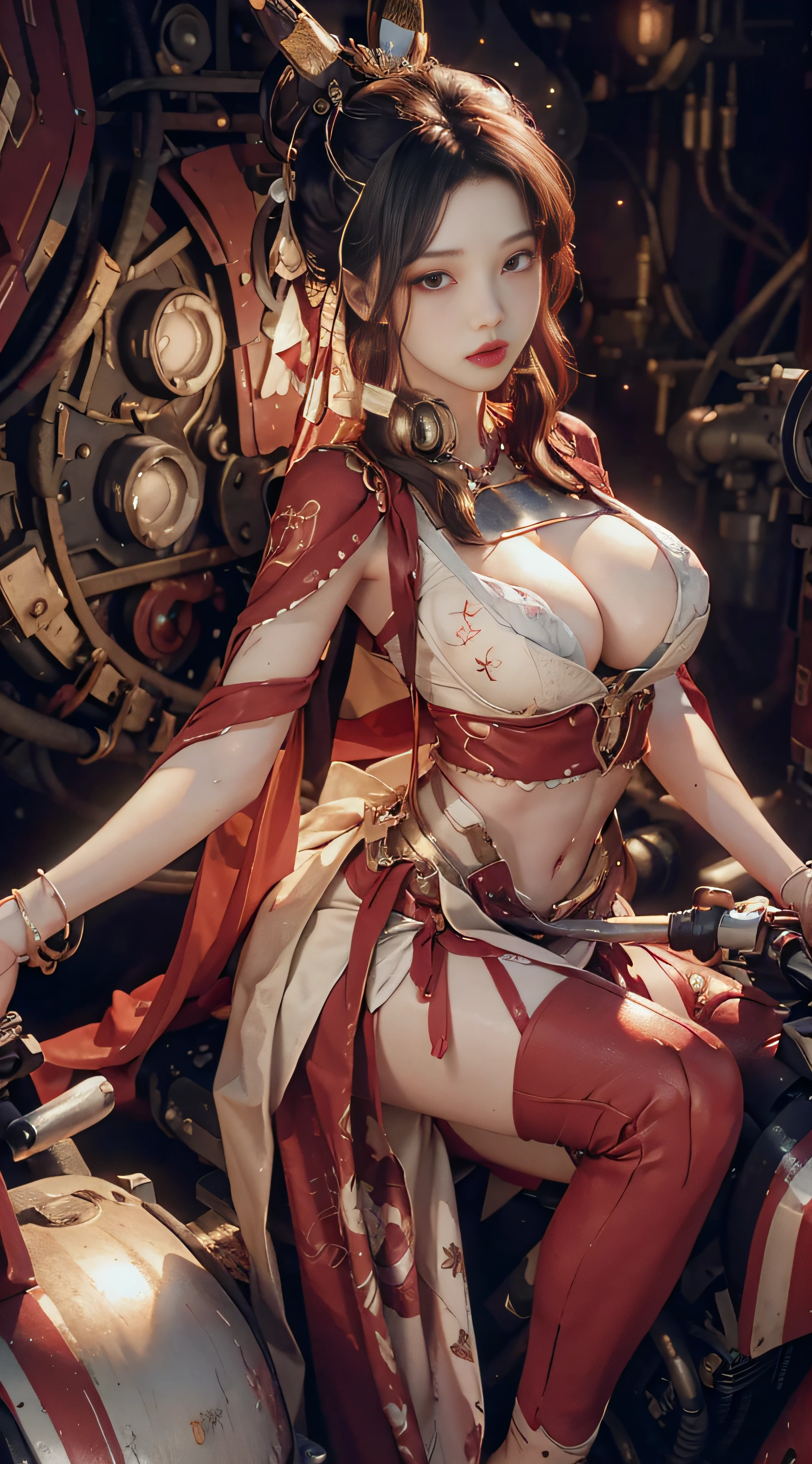 Highest quality, outstanding detail, super high resolution, (fidelity: 1.4), best illustration, favor details, close-up, a mecha girl with a delicate and beautiful face, ((red and white semi-mechanical body: 1.8)), (big breast: 1.2), sexy, belly button, cleavage, riding on a motorcycle, cyberpunk, futuristic, mechanical aesthetics, complex machinery, background is a high-tech lighting scene of the futuristic city, virtual engine 5, perfect detail rendering, octane rendering, ultra HD