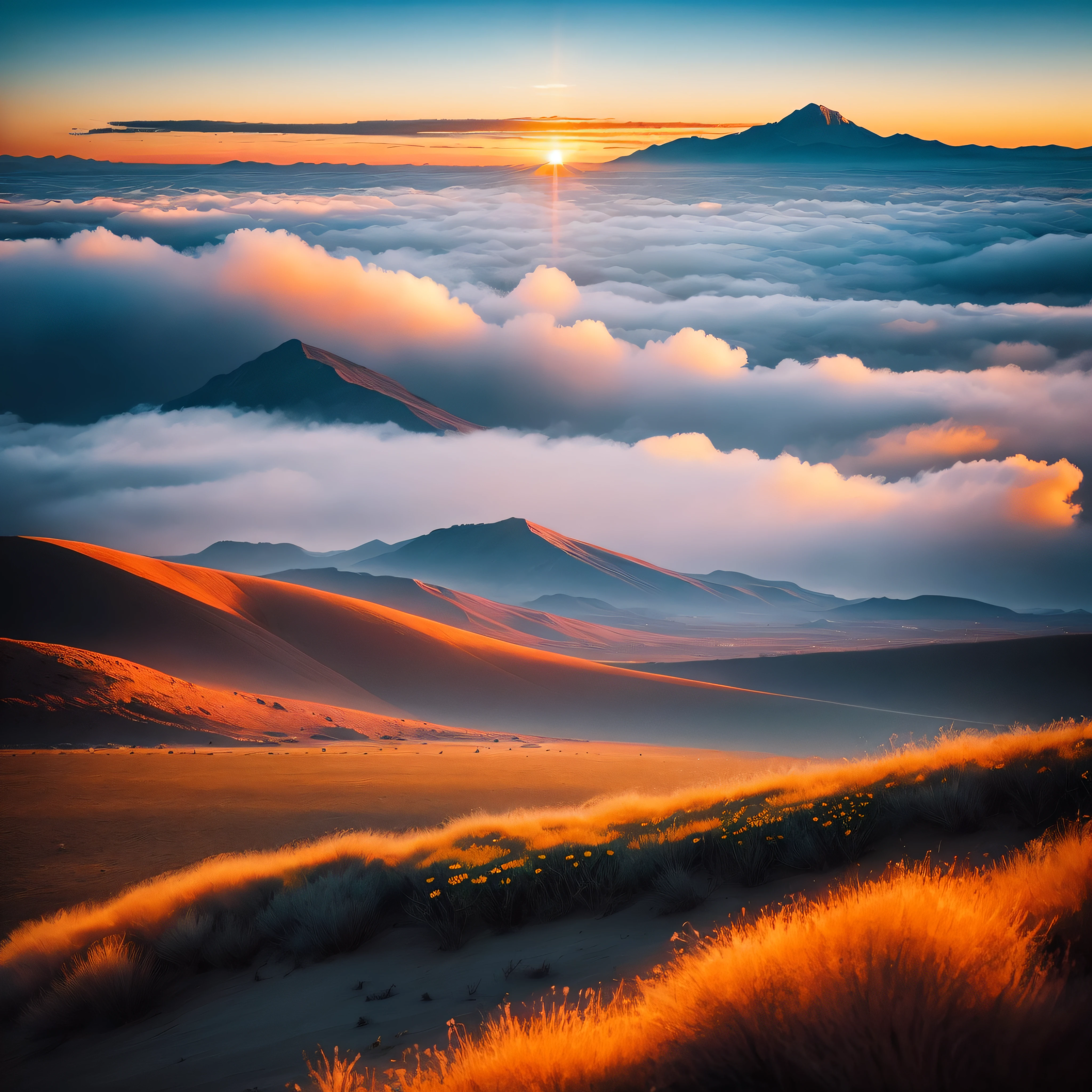 Sea, sea, sea, beach, grassland, wildflowers, desert, distant snowy mountains, sea of clouds, sky, large stretching clouds, sunset, light penetrating clouds to the ground, wide-angle lens shooting