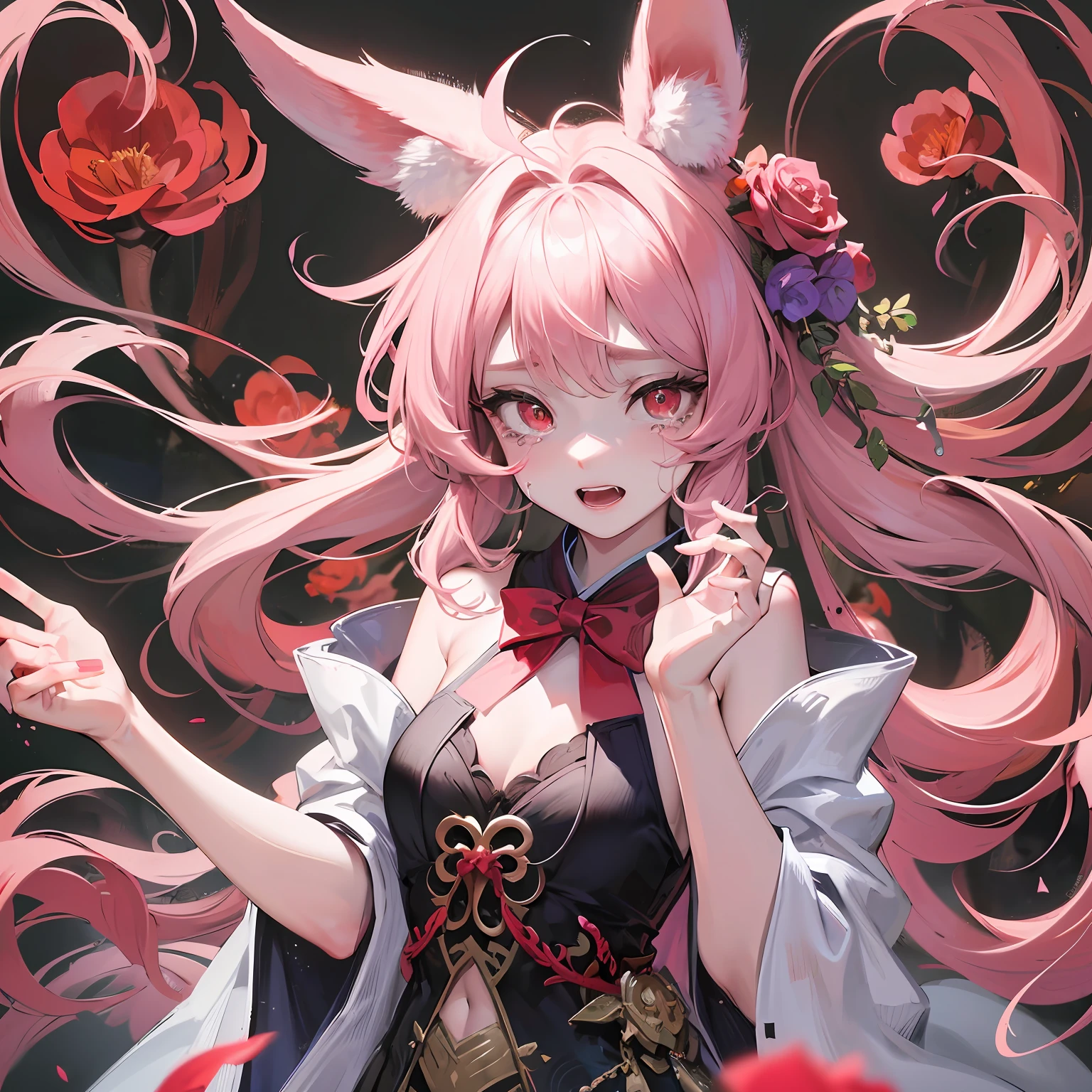 Best Quality, Superb Picture Quality, 8K, Masterpiece: 1.2, Ultra Detailed, Beautiful Figure Painting, Vampire, Pink Hanfu, Rabbit Ears, Crying, Scared, (Fear) Finger Depiction Extremely Detailed, Vampire, Epic Exquisite Character Art, Art Source Douluo Continent Little Dance, Ultra Detailed Clothes Details, Light Red Eyes, 6 Year Old Little Girl