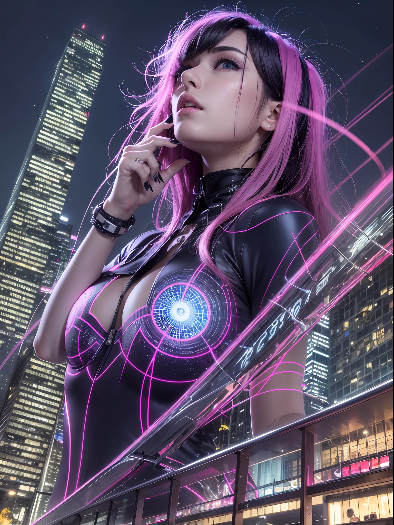 Beautiful woman with dense, delicate and luxurious hair ornament. Beautiful face and brightly colored eyes. Put on your cyber design goggles and look up at the night sky. cyberpunk, futuristic city, skyscraper, heavenly landmark, trail of light, afterglow, transparent street screen, detailed drawing. Bright colors. High image quality. Angle from below, wide shot, night sky, night scene, neon light effect,