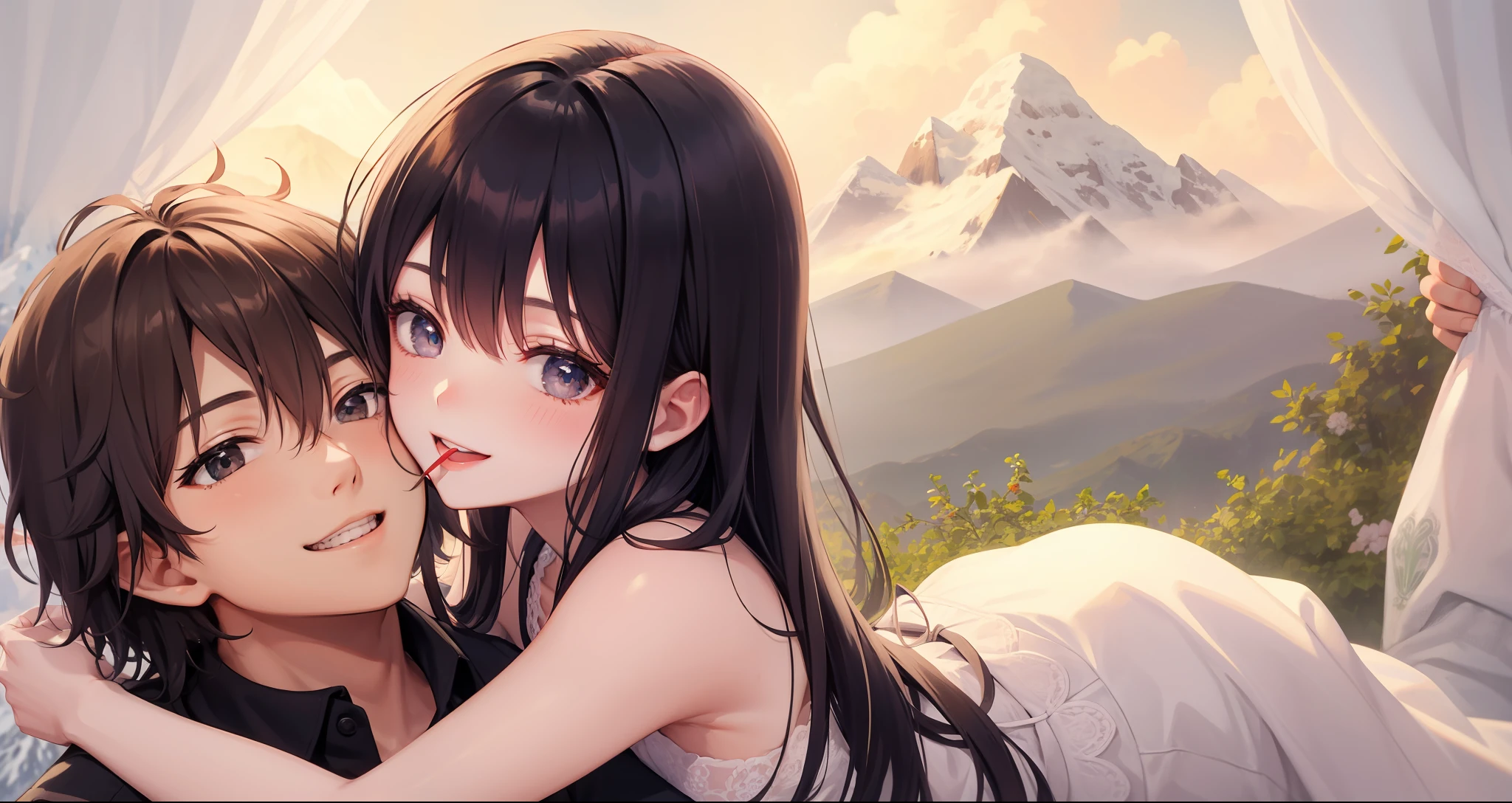 Masterpiece, the best quality, delicate eyes, bright colors, delicate skin, 1 girl, 2 boys, couple, hugging tightly, smiling, mouth slightly open, mountain village