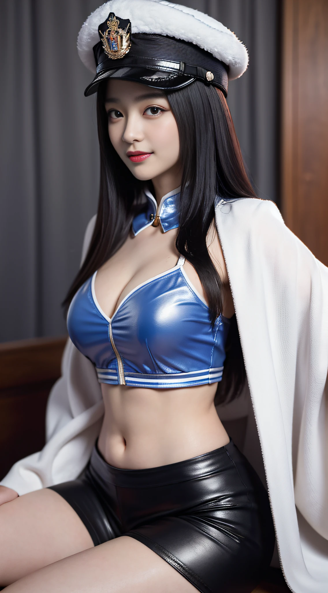 "Top CG, highest quality, smile, delicate and delicate beautiful girl, imperial pope, {{185cm big beauty}}, (tall), royal sister, military lady temperament, holy pope, fair skin, exposed chest, long legs, perfect facial features, bright eyes, officer hat, red lips, beautiful and cold, {{big breasts}}, beautiful and handsome, long blue hair, officer epaulettes, see-through visible skin, {{girl in red army coat}}, super detailed, { Blue lines on clothes}, delicate glowing eyes, crop top, white and blue leather clothing, tight leather clothing, 4K picture quality, urban beauty, modern urban, realistic portrait,