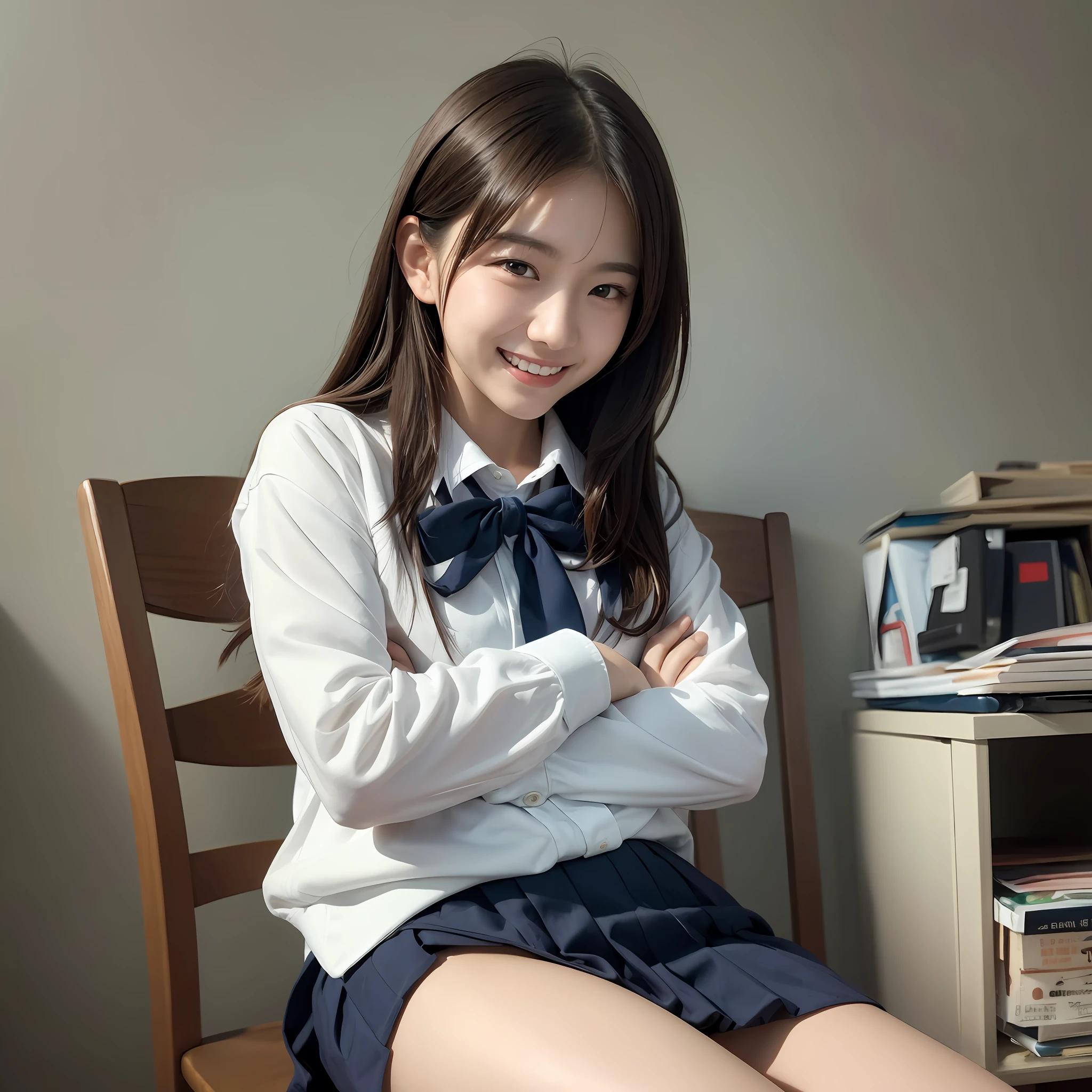 (18years old:1.2),(insincere laugh:1.2),(looking away:1.3),8k,RAW portrait of japanese girl,photorealistic,ultra high res,best quality,
BREAK
(school uniform:1.2),(from below:1.2),sitting on chair,crossed arms,(panty shot:1.2),(messy room:1.4)
BREAK
(natural skin texture,detailed skin, hyperrealism,ultra sharpness),intricate details,Depth of field, dim lighting,韓国アイドル、乃木坂アイドル、グラビアアイドル、女優、fashion model posing