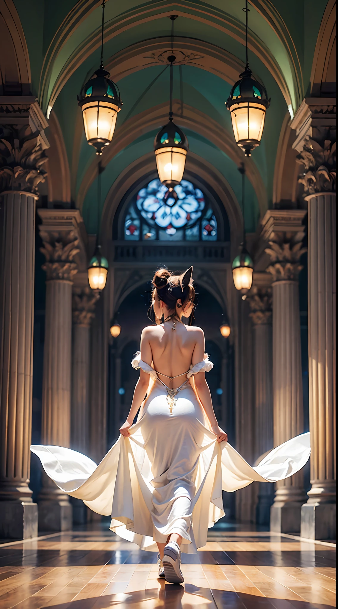 A pure girl, tall, fox ears, backless evening dress, golden high ponytail, glow, eyes looking ahead, magical architecture, hands behind her back, sexy, showing beauty, white sneakers, tassels,