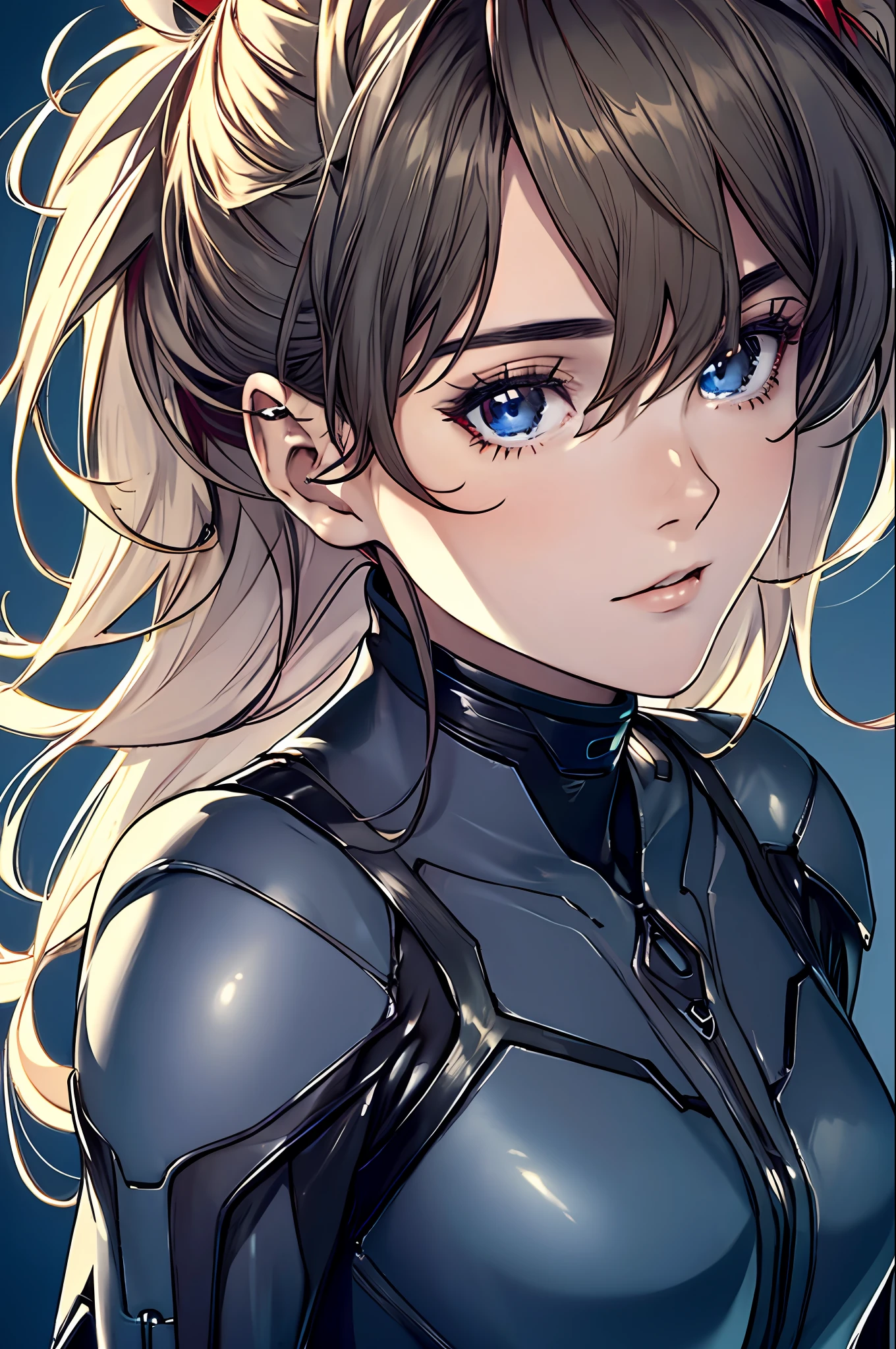official art, unity 8k wallpaper, ultra detailed, beautiful and aesthetic, masterpiece, best quality, realistic, close-up, skindentation, souryuu asuka langley, interface headset, bodysuit under clothes, detailed eyes, detailed face, detailed hair, black background, straight-on, looking at viewer, glossy,