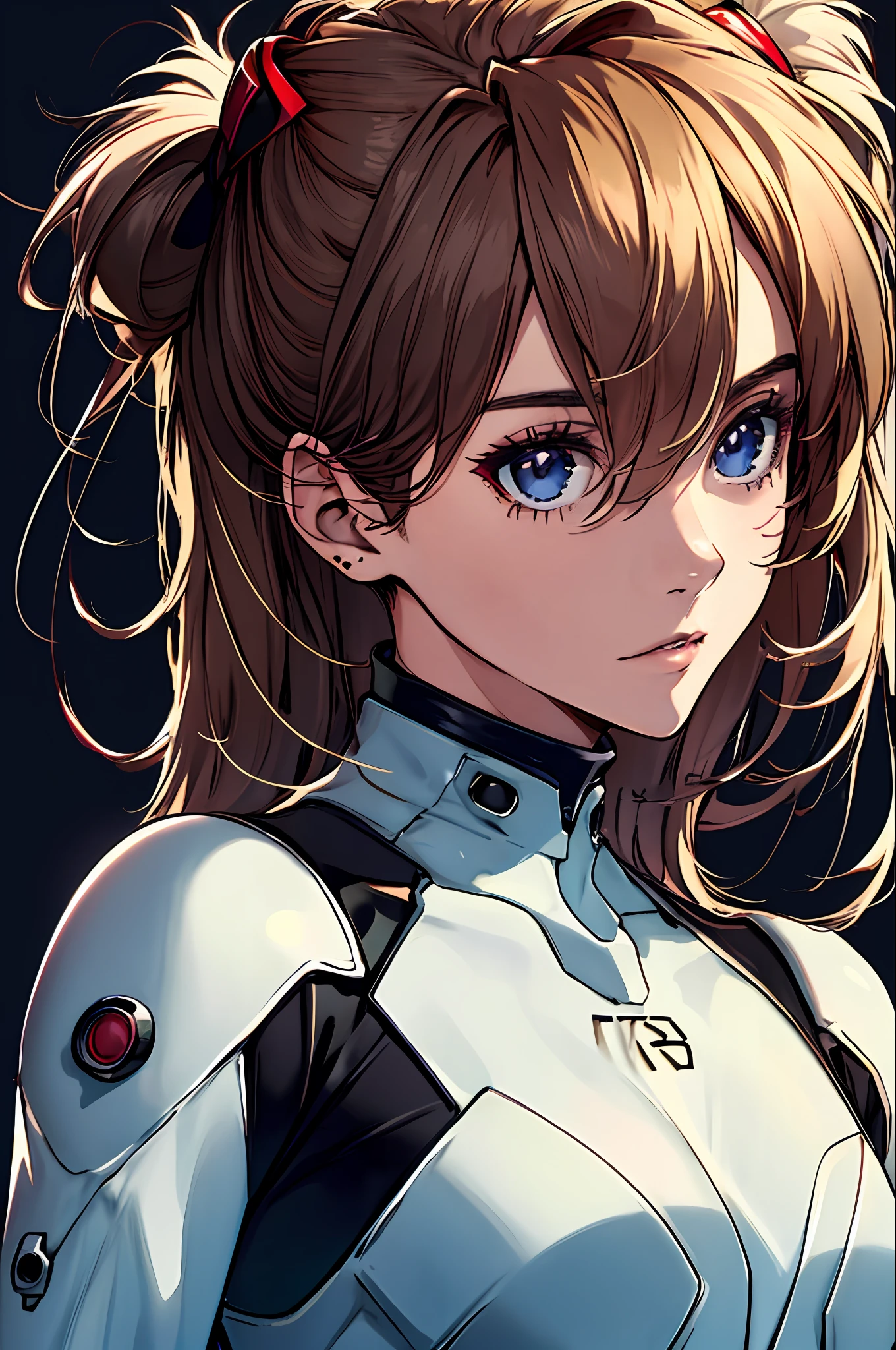 official art, unity 8k wallpaper, ultra detailed, beautiful and aesthetic, masterpiece, best quality, realistic, close-up, skindentation, souryuu asuka langley, interface headset, bodysuit under clothes, detailed eyes, detailed face, detailed hair, black background, straight-on, looking at viewer, glossy,