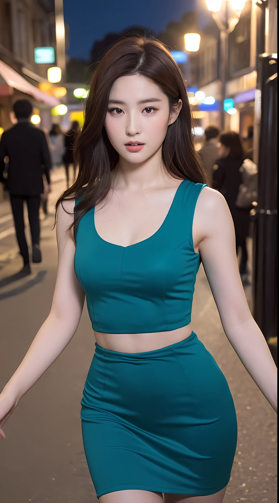 ((Realistic lighting, Best quality, 8K, Masterpiece: 1.3)), Focus: 1.2, 1girl, Perfect Body Beauty: 1.4, Slim Abs: 1.1, ((Dark Brown Hair)), (Aqua Dress: 1.4), (Outdoor, Night: 1.1), City Street, Super Fine Face, Fine Eyes, Double Eyelids,