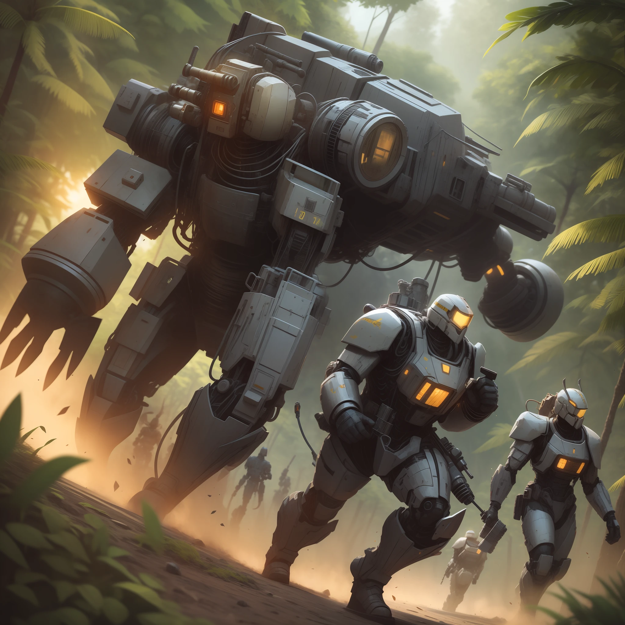Three six-legged walking tanks marching through the jungle and two powered suits as vanguards are leading the battle.
