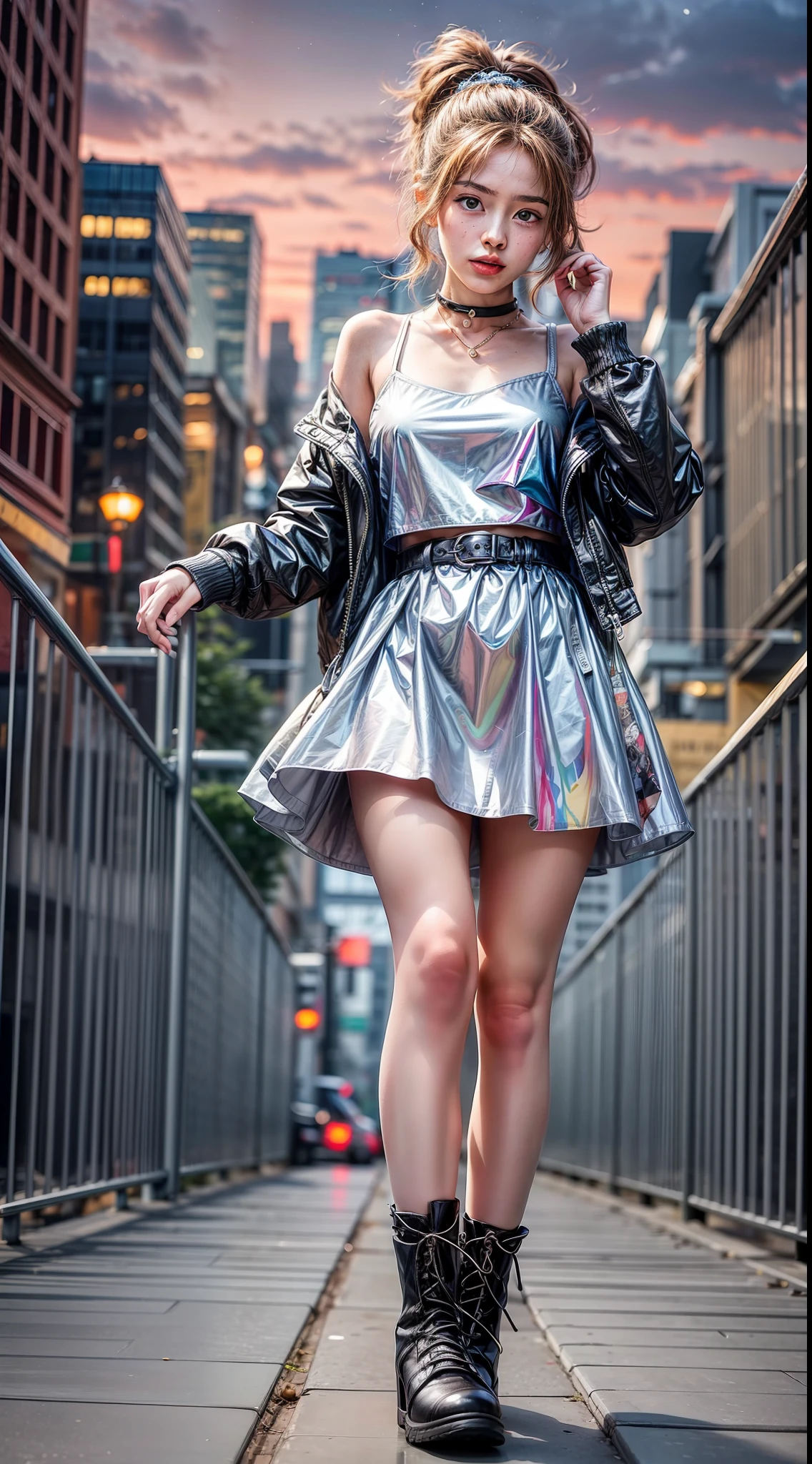 In an urban landscape, where technology and tradition coalesce, an 18-year-old girl named Clara weaves her story. Her auburn hair, pulled into a high ponytail, bounces with every step she takes, matching the lively beat of the city. Her emerald green eyes, glowing with ambition and curiosity, mirror the neon cityscape that comes to life after sundown.

She's dressed in a stylish mix of the old and new – a classic denim jacket thrown over a holographic dress, the iridescent material shimmering with every move. Her combat boots echo on the pavement, each step a testament to her resolve. Around her neck, a vintage camera hangs - a testament to her love for capturing the ever-changing pulse of the city.

In the backdrop, the city skyline, a canvas of glass and steel, shimmers in the dusky twilight. The towering skyscrapers seem to reach for the stars, just like Clara. Digital billboards flash with a kaleidoscope of advertisements, casting ever-changing shadows and light on her determined face.

She stands on a rooftop, high above the bustling city streets. Her gaze is focused on the horizon, where the final rays of the setting sun are disappearing. In her eyes, one can see a reflection of the cityscape - a mix of dreams, hopes, and untold stories.

The image of Clara, an 18-year-old girl, is an image of determination, courage, and the promise of tomorrow. It is a snapshot of a young woman poised on the precipice of her future, ready to leap forward and take on the world.