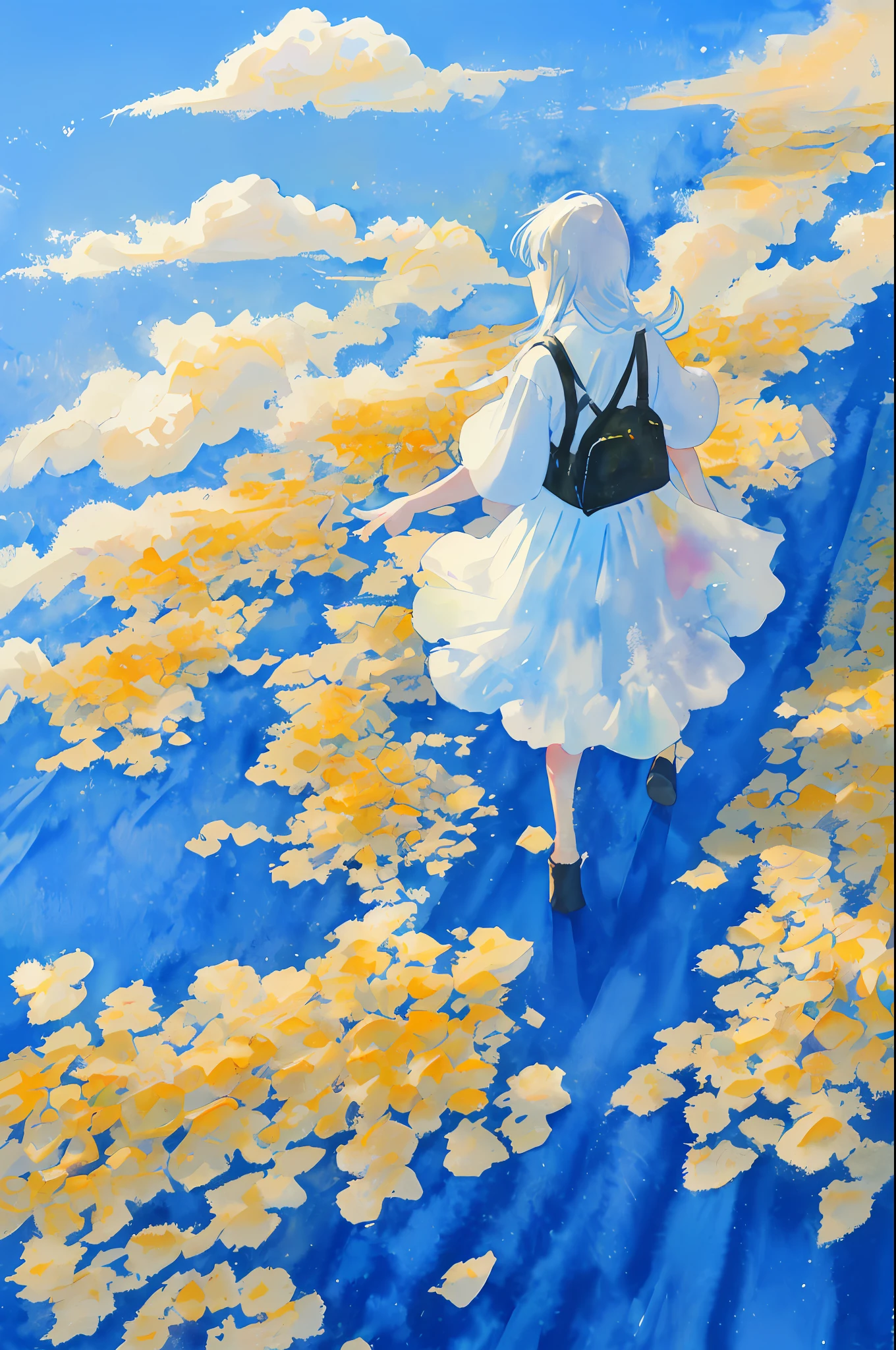 Above the sky Above the clouds Girl walking in the distance Blue sky spreads Watercolor painting
