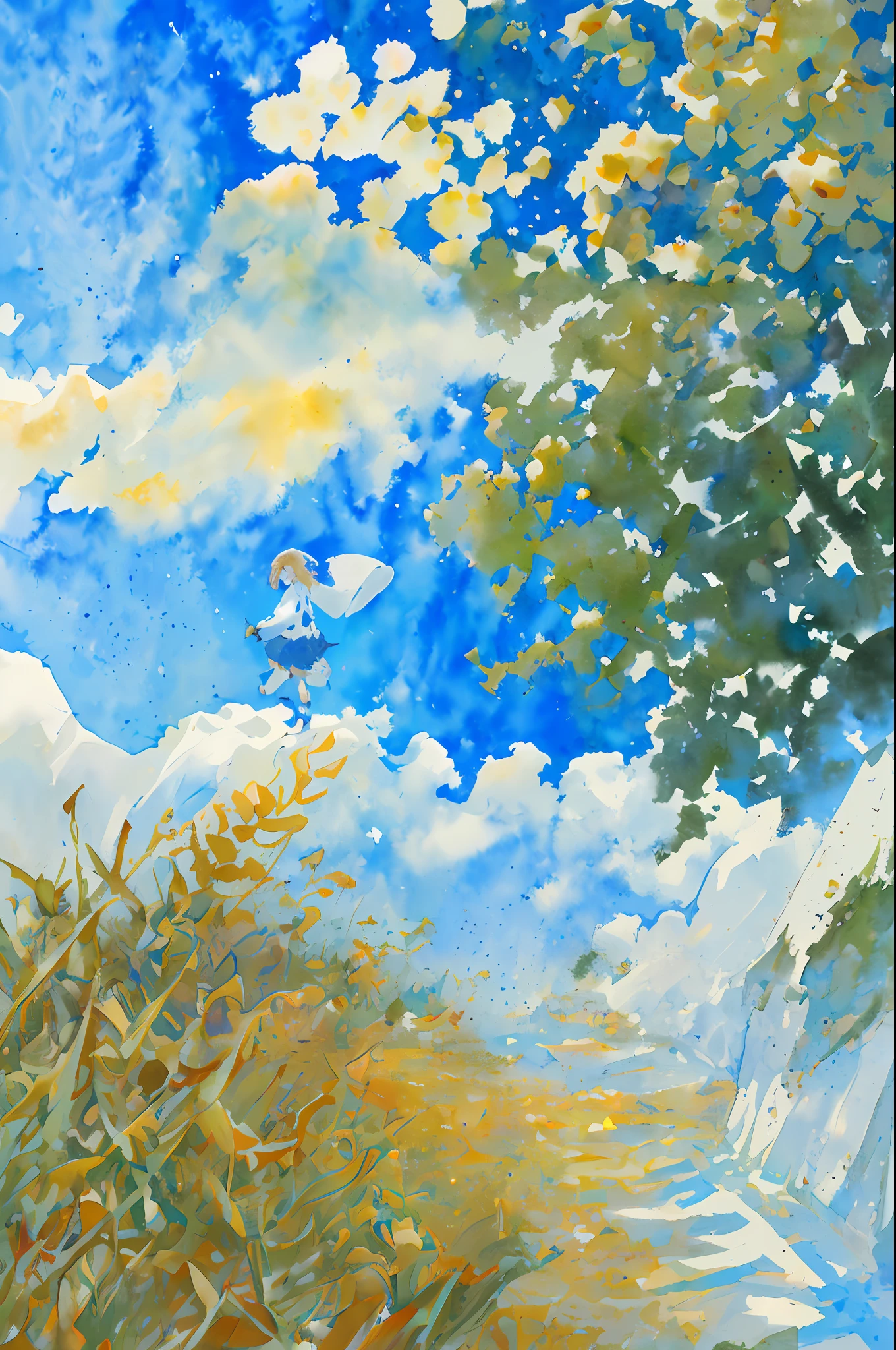 Above the sky Above the clouds Girl walking in the distance Blue sky spreads Watercolor painting