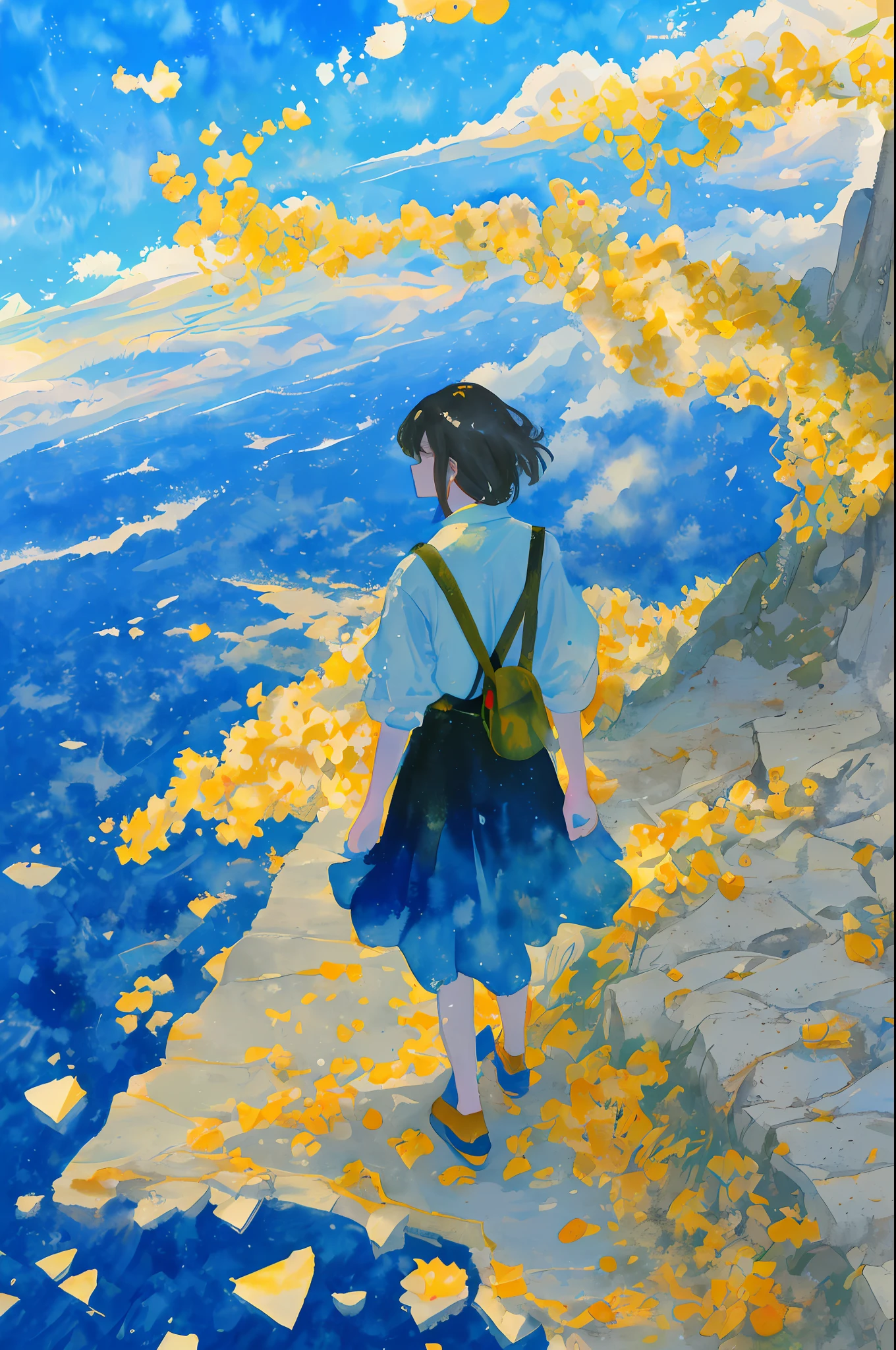 Above the sky Above the clouds Girl walking in the distance Blue sky spreads Watercolor painting