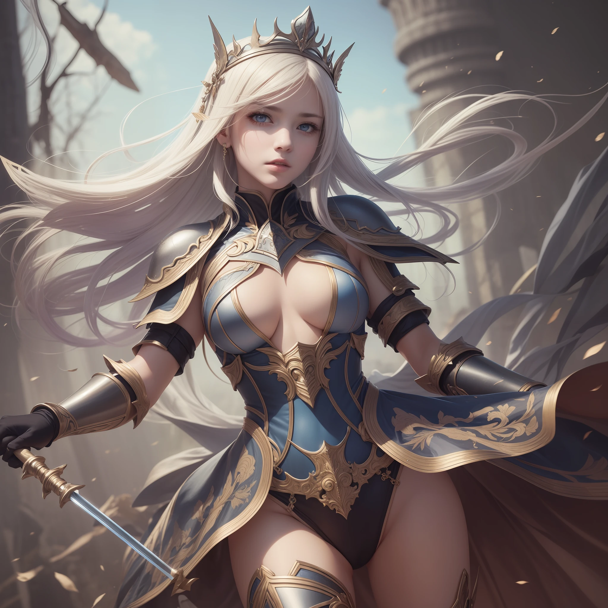 (best quality, masterpiece:1.1),extremely detailed,absurdres, highres,delicate and beautiful,illustration, depth of field, dark intense shadows, sharp focus, colorful,BREAK,(beautiful girl:1.3),depth of field,(upper body:1.3),BREAK,heavy silver armor,expensive silver tiara,BREAK,very wide shot,full body,spread legs,BREAK,looking afar,BREAK,(Maiden running through the battlefield:1.2),(beautiful slim rapier:1.2),maiden full of scars,BREAK,(Very beautiful eyes:1.1), (nice hands:1.2),Perfect fingers,BREAK,Surrounded by many enemy soldiers,BREAK,A maiden who fights by demonstrating her own abilities and courage without hesitation in self-sacrifice.BREAK,Faced with attacks and difficulties, courageously confront and try to overcome the situation,