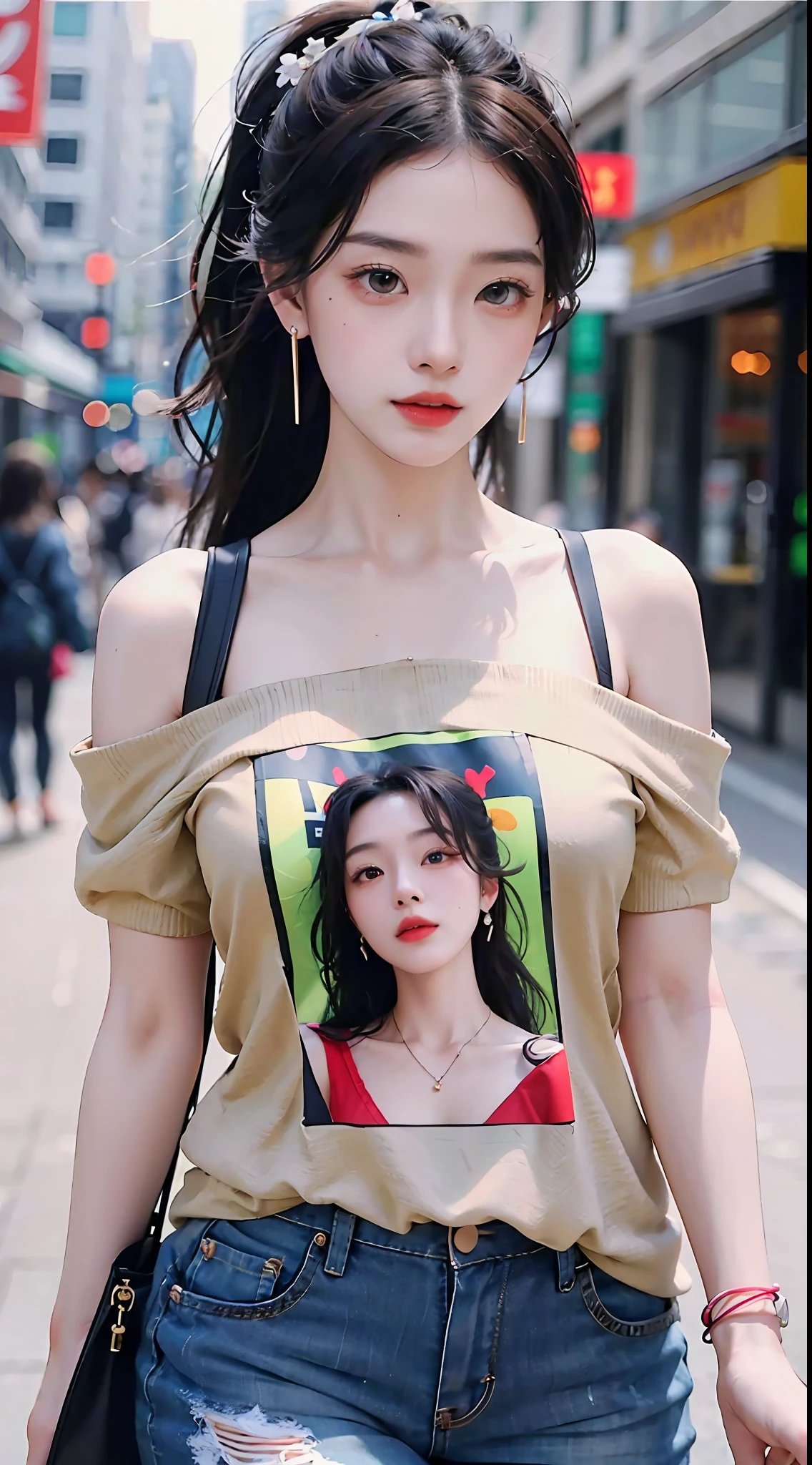 A stylish Chinese beauty, she walks the streets of city high-rise buildings in trendy loose jeans with a stylish printed T-shirt and canvas shoes, (with a trendy bag on one shoulder), (wearing headphones), eyes staring at the camera, kanzashi, long eyelashes, amber eyes, crystal earrings, parted lips, double ponytail hair, hairpins, hair strands, hyper-realistic, close up, f/4.0, 35mm, UHD, retina, masterpiece, high resolution, best quality, 16k
