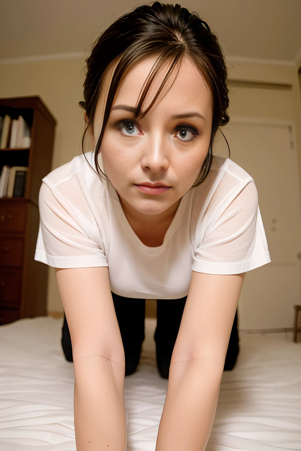 54-year-old Russian lying in bed, on all fours, glamour, looking up at boyfriend