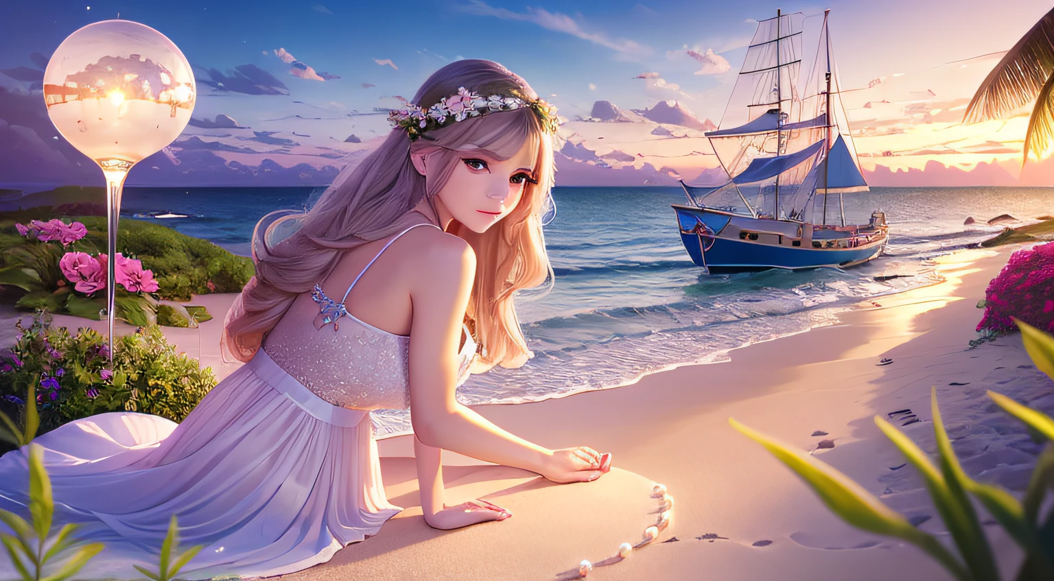 CG rendering of many beautiful pale pink large shells and pale colored conchs on the beach with rings of shimmering rosettes crystal clear as glass. Transparent color colorful stone, transparent, glittering, moonlight illuminates pure white beach, blue sea, pearls, super detail, slender woman, woman with long hair, light effect, fairyland romance, Thomas Kinkade, Krenz, , floating hotel, soft light, ultra wide angle, distant view, fairy tale, fantasy, 8K HD wallpaper: 1 piece, beautiful woman, depth of field HD 16k, Jewel-like shine, pretty woman,