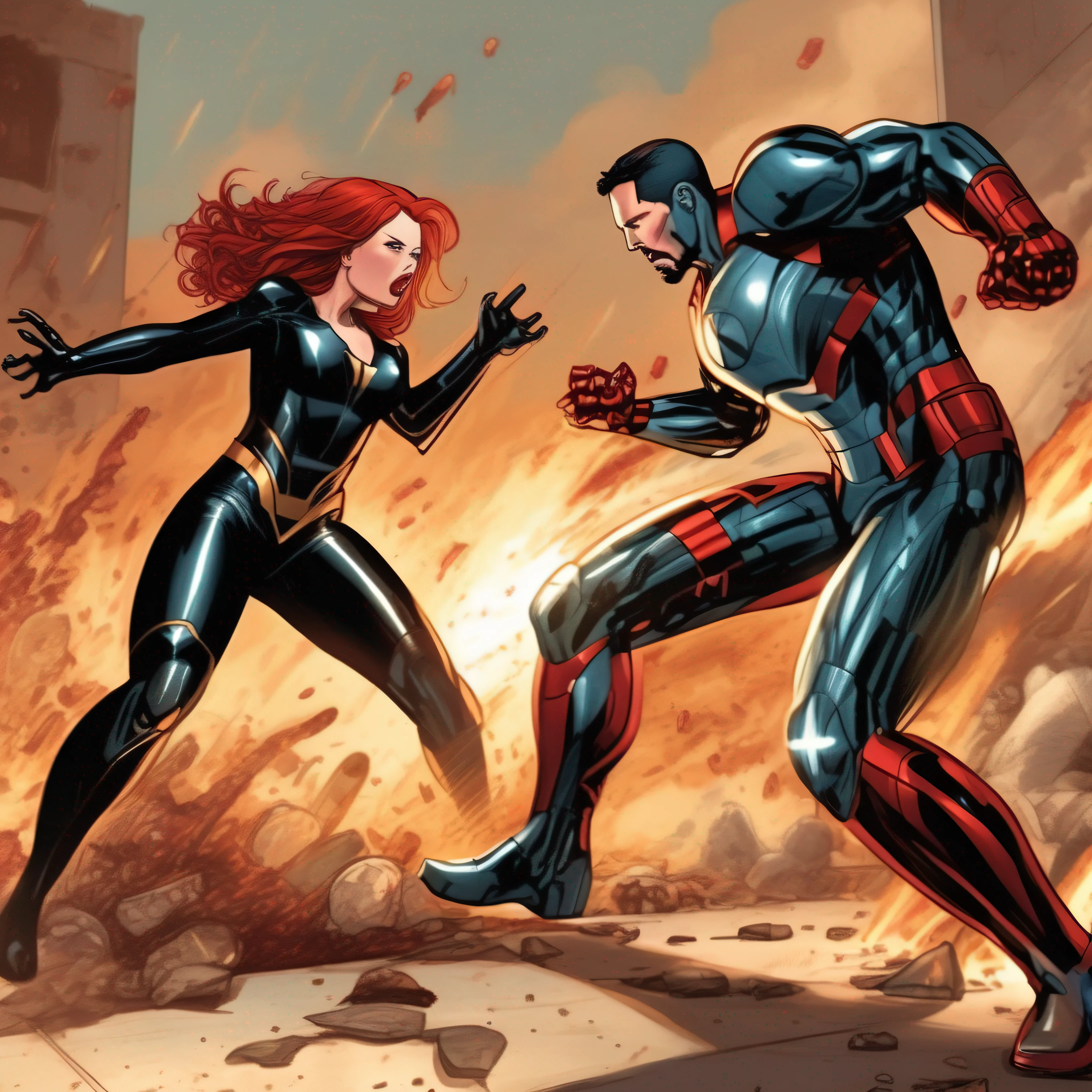Black Widow dressed in iron man costume fighting superman