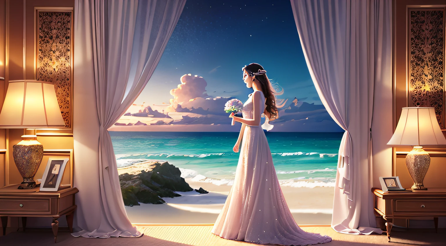 CG rendering of many beautiful pale pink large shells and pale colored conchs on the beach with rings of shimmering rosettes crystal clear as glass. Transparent color colorful stone, transparent, glittering, moonlight illuminates pure white beach, blue sea, pearls, super detail, slender woman, woman with long hair, light effect, fairyland romance, Thomas Kinkade, Krenz, , floating hotel, soft light, ultra wide angle, distant view, fairy tale, fantasy, 8K HD wallpaper: 1 piece, beautiful woman, depth of field HD 16k, Jewel-like shine, pretty woman,
