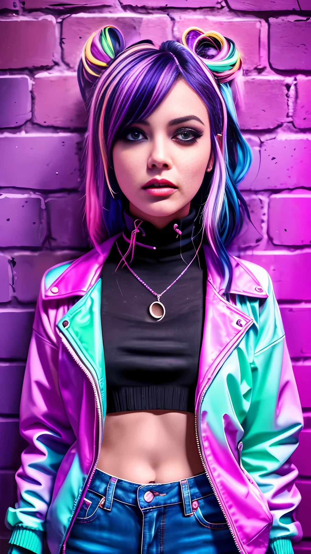 Neon image (masterpiece, best quality, 1girl, solo, intricate details, chromatic aberration), realistic, ((medium breath)), long hair, purple hair, purple head ornament, purple highlights, hair over one eye, green eyes, sharp eyes, choker, neon shirt, torn legwear, open jacket, turtleneck sweater, against wall, brick wall, graffiti, dim lighting, alley, look at the viewer, neon background
