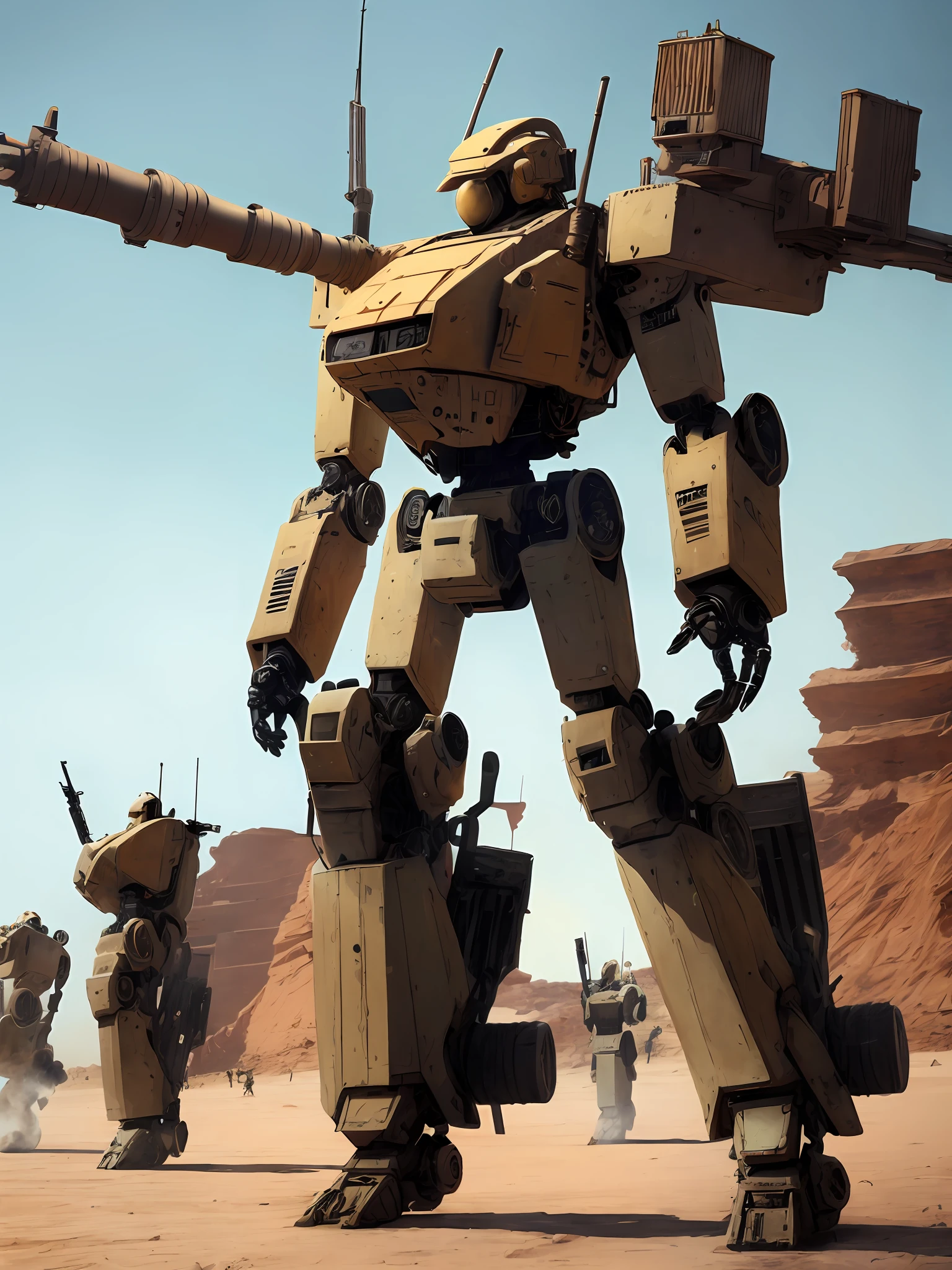 A platoon of giant humanoid robotic weapons with long-barreled rifles marching through desert ruins