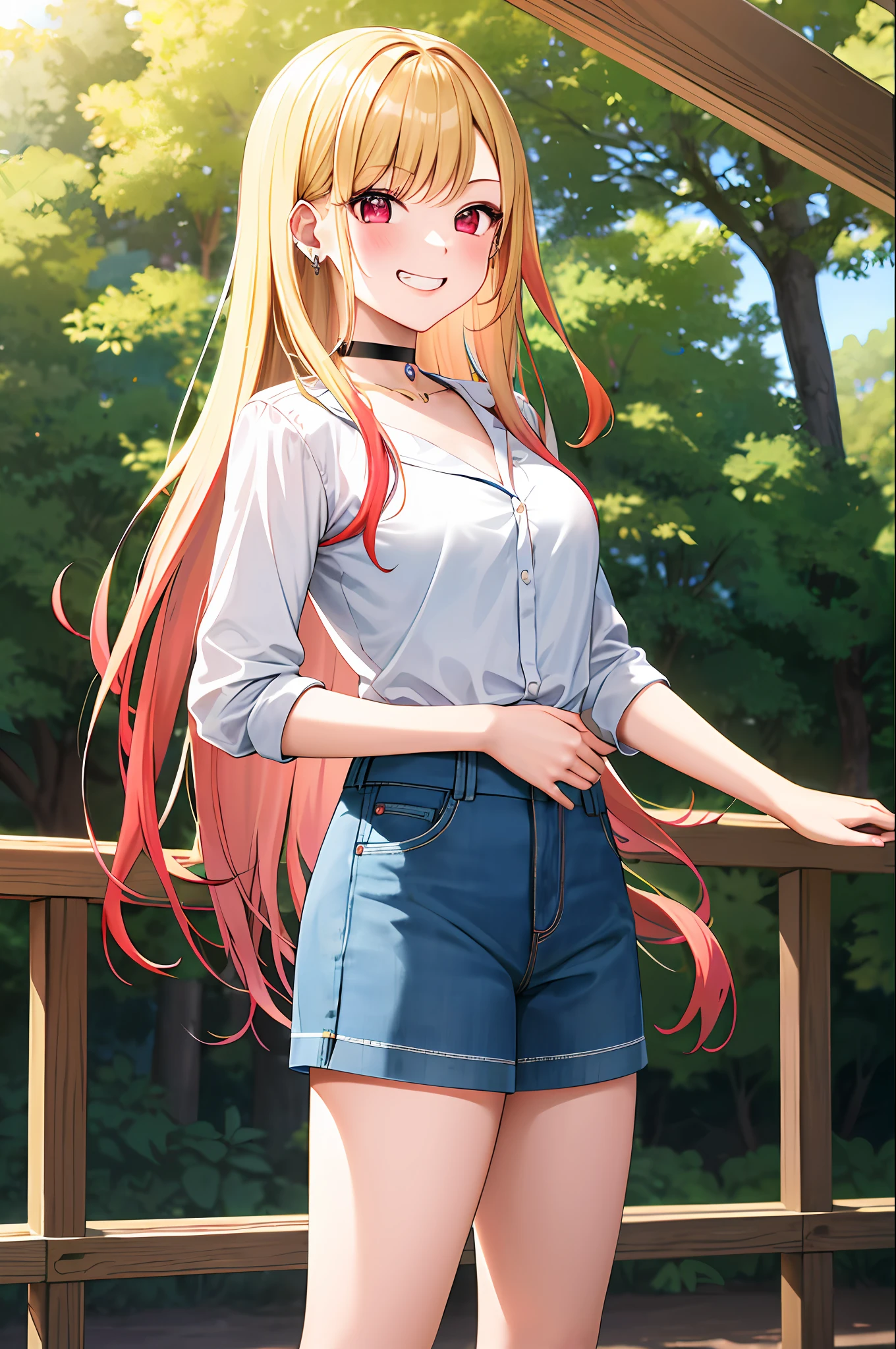 masterpiece, best quality, highres, kitagawa marin, 1girl, blonde hair, long hair, multicolored hair, red eyes, jewelry, earrings, piercing, Top,jeanes, black choker, plaid skirt, grin, smile, standing, cowboy shot, outdoors,