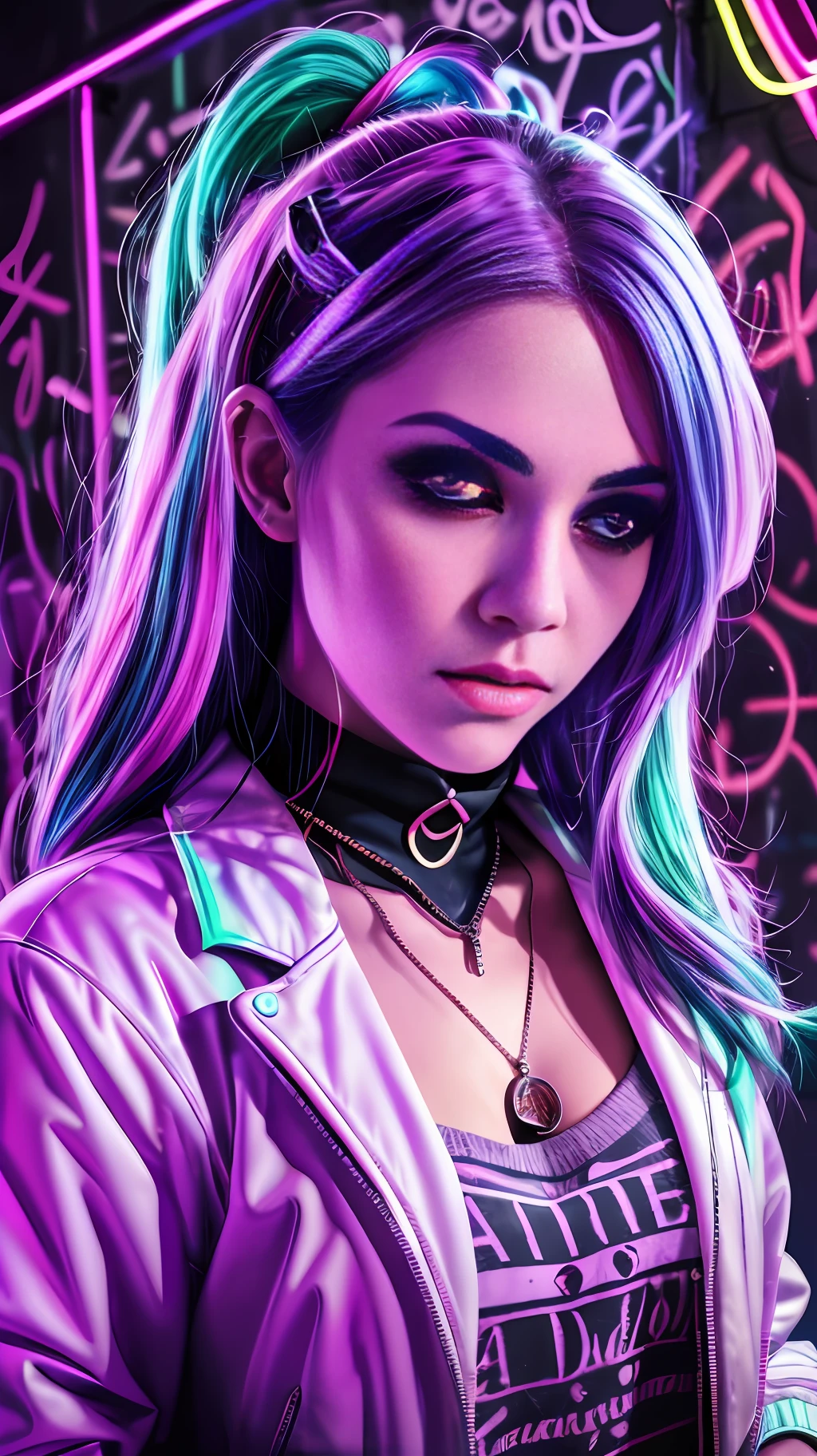 Neon image (masterpiece, best quality, 1girl, solo, intricate details, chromatic aberration), realistic, ((medium breath)), long hair, purple hair, purple head ornament, purple highlights, hair over one eye, green eyes, sharp eyes, choker, neon shirt, torn legwear, open jacket, turtleneck sweater, against wall, brick wall, graffiti, dim lighting, alley, look at the viewer, neon background