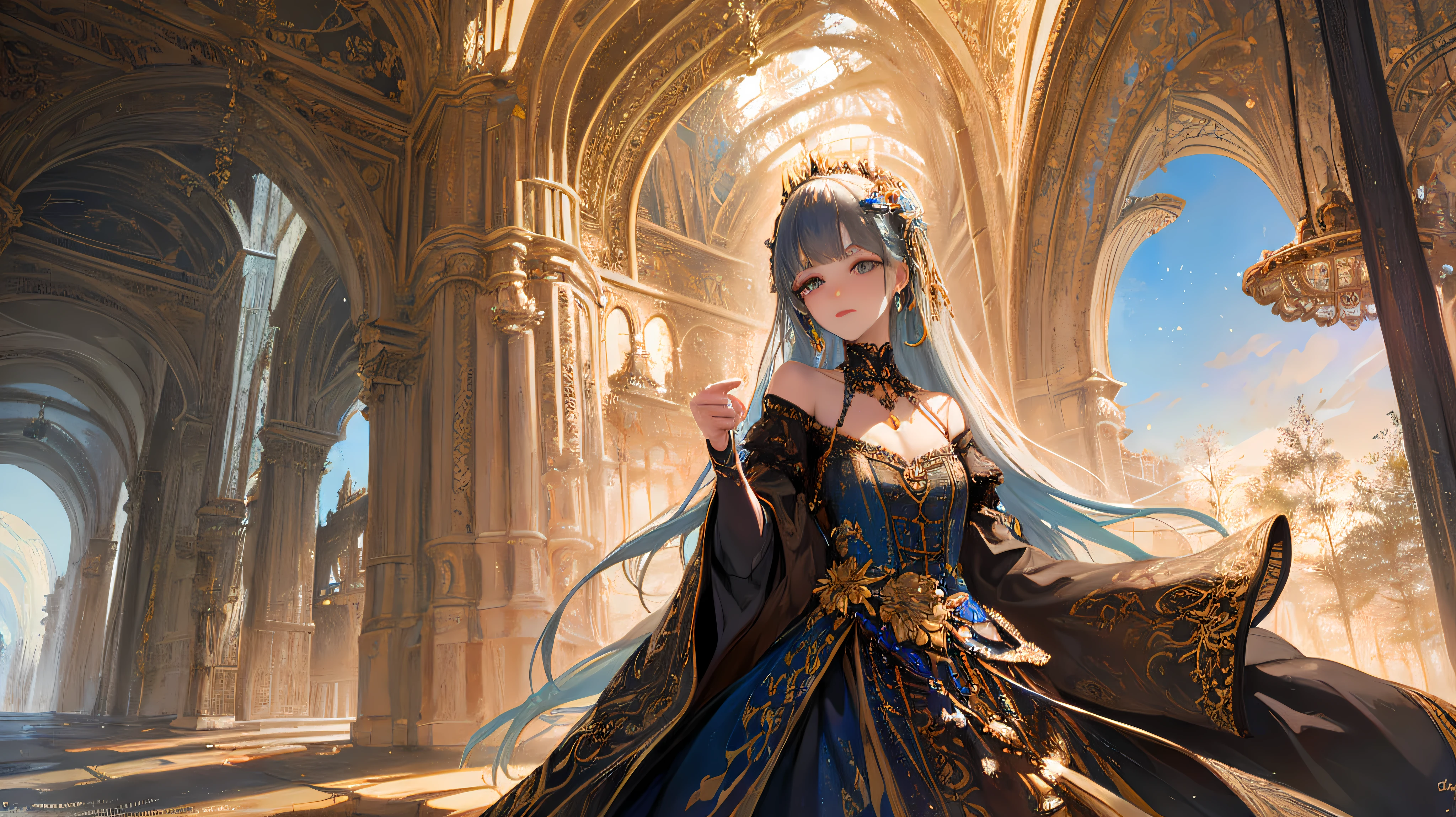 (A beautiful female knight wearing armor of intricate and delicate design is walking in the courtyard of the cathedral, where flowers are in bloom under the moonlight.She has a beautiful face and shining eyes of vivid colors. She wears armor of intricate, delicate and beautiful design. The knight's armor shines faintly in the moonlight. The serene courtyard of the cathedral, adorned with flowers. Detailed drawing. Vivid colors. High image quality